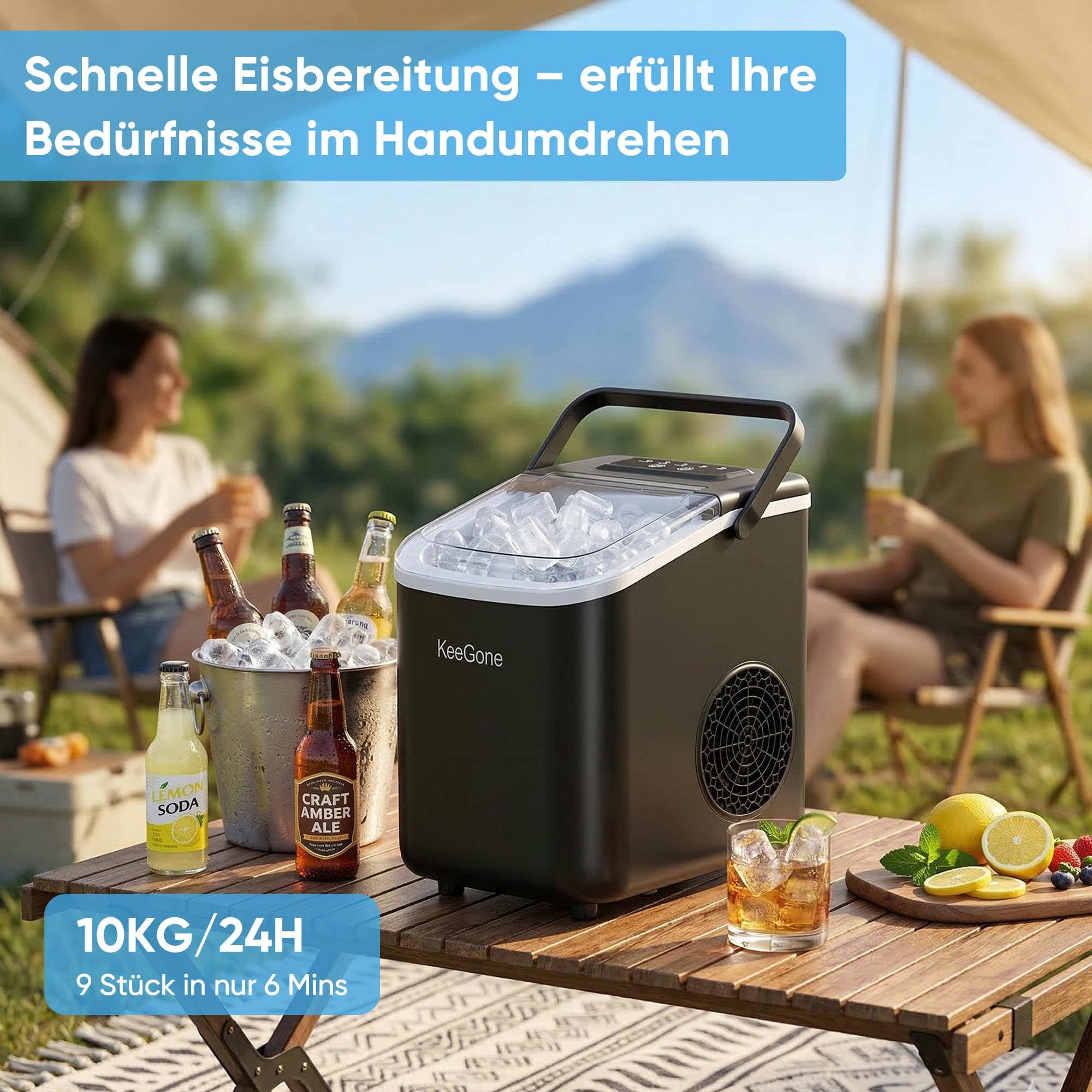 Eiswürfelmaschine Klein mit 1,2 Liter Wassertank 9 Würfel in 6 Minuten fertig Schwarz Ice Maker mit Tragbarem Griff 10KG/24H Selbstreinigendes Eiswürfelmaschinen für Küche Büro Bar und Party