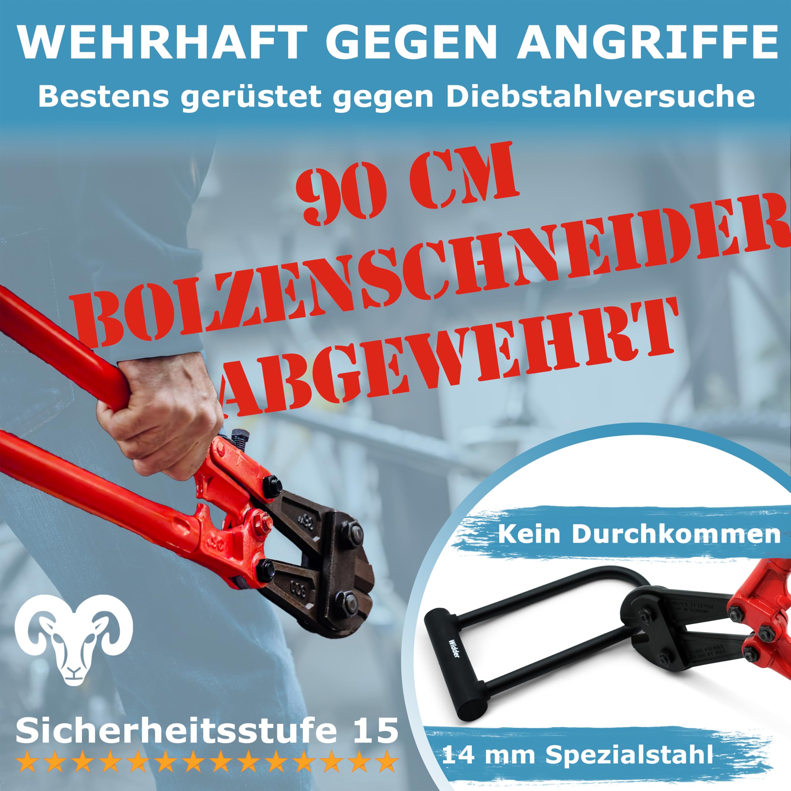WIDDER Extrem Sicheres Fahrradschloss Bügelschloss [Chrom-Stahl Sicherheitsstufe 15] – 18mm Massiv Bügel – Fahrrad Schloss 64 cm Umfang mit Halterung & 3 Schlüssel – e Bike Lock & e Scooter U Lock