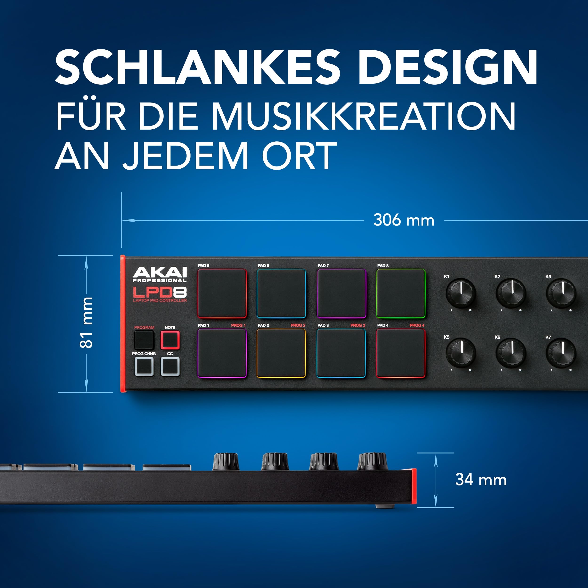 Akai Professional LPD8 - USB MIDI Pad Controller Drum Machine mit MPC Drum Pads für Mac und PC, Zuweisbaren Drehreglern und Musikproduktionssoftware