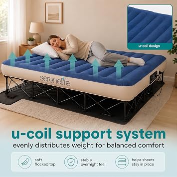 SereneLife EZ Bed Queen Air Mattress with Frame, Self-Inflating Raised Guest Bed with Built-in Pump, Rolling Wheeled Case, Portable Blow Up Airbed for Hosting, Travel, Guest Rooms