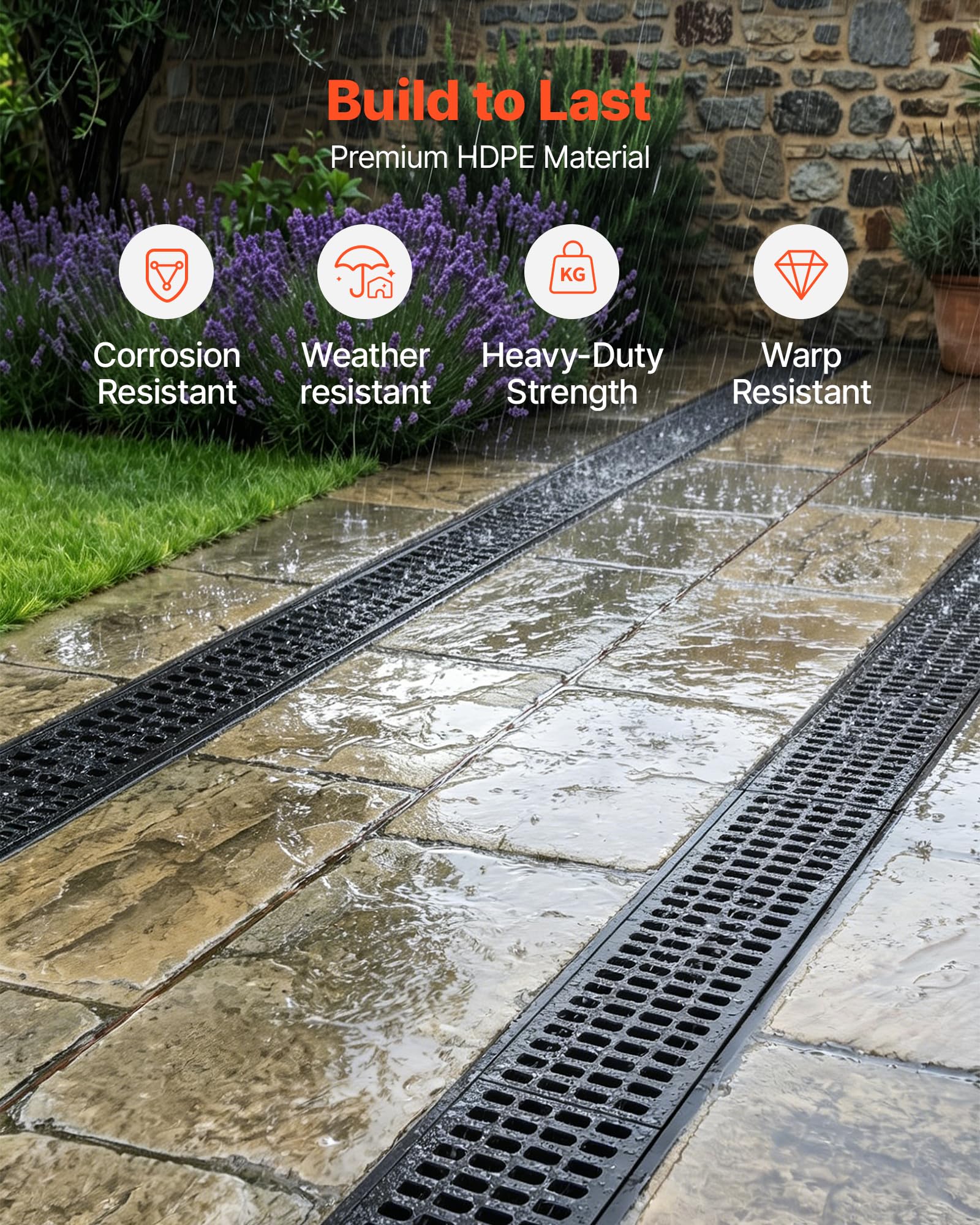VEVOR Caniveau de Drainage Linéaire Extérieur 1020x154x140 mm Lot de 6 PEHD, Caniveau avec Grilles et Embouts, Système de Drainage pour Allée, Terrasse, Piscine, Cour, Jardin, Garage et Trottoir, Noir