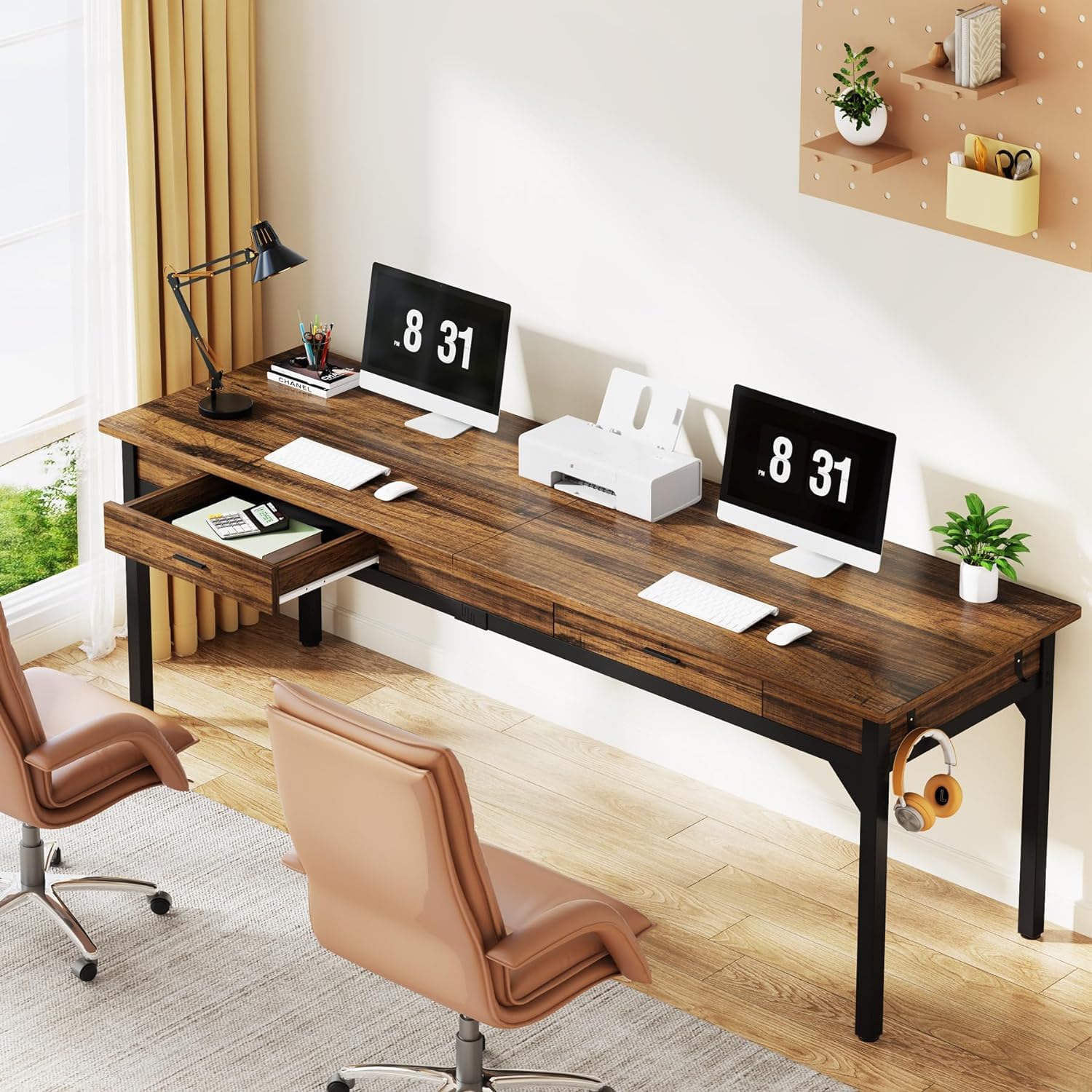 Tribesigns Scrivania per Computer, 200 x 60 x 82 cm Scrivania da Ufficio per Studenti e Lavoratori, Doppia Lunga Tavolo da Computer con 2 cassetti per Ufficio Studio, Marrone