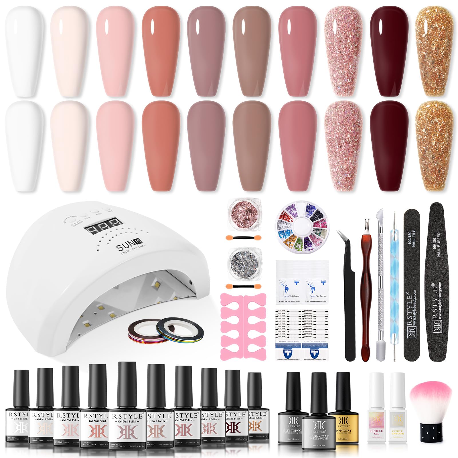 RSTYLE Kit Uñas Semipermanente en Gel con 72W U V LED Lampara 13 Colores Kit Uñas de Gel Completo Mate y Base Top Coat Regalos Set Manicura Semipermanente (Nude)