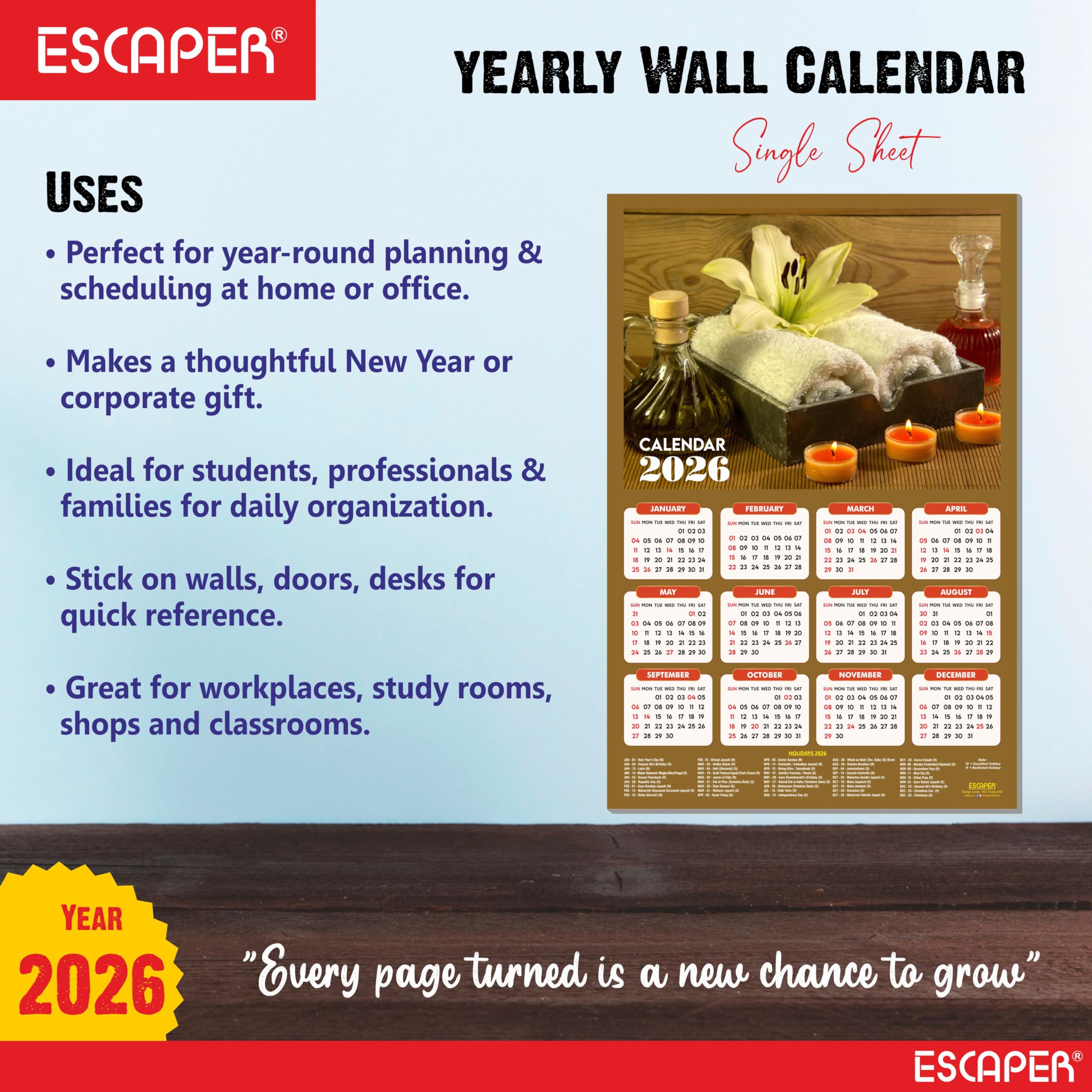 ESCAPER Calendario da parete Body Spa 2025 da appendere (45 x 30 cm), calendario da parete ayurvedico spa 2025, calendario da parete 2025, calendario da parete 2025, decorazione da parete spa