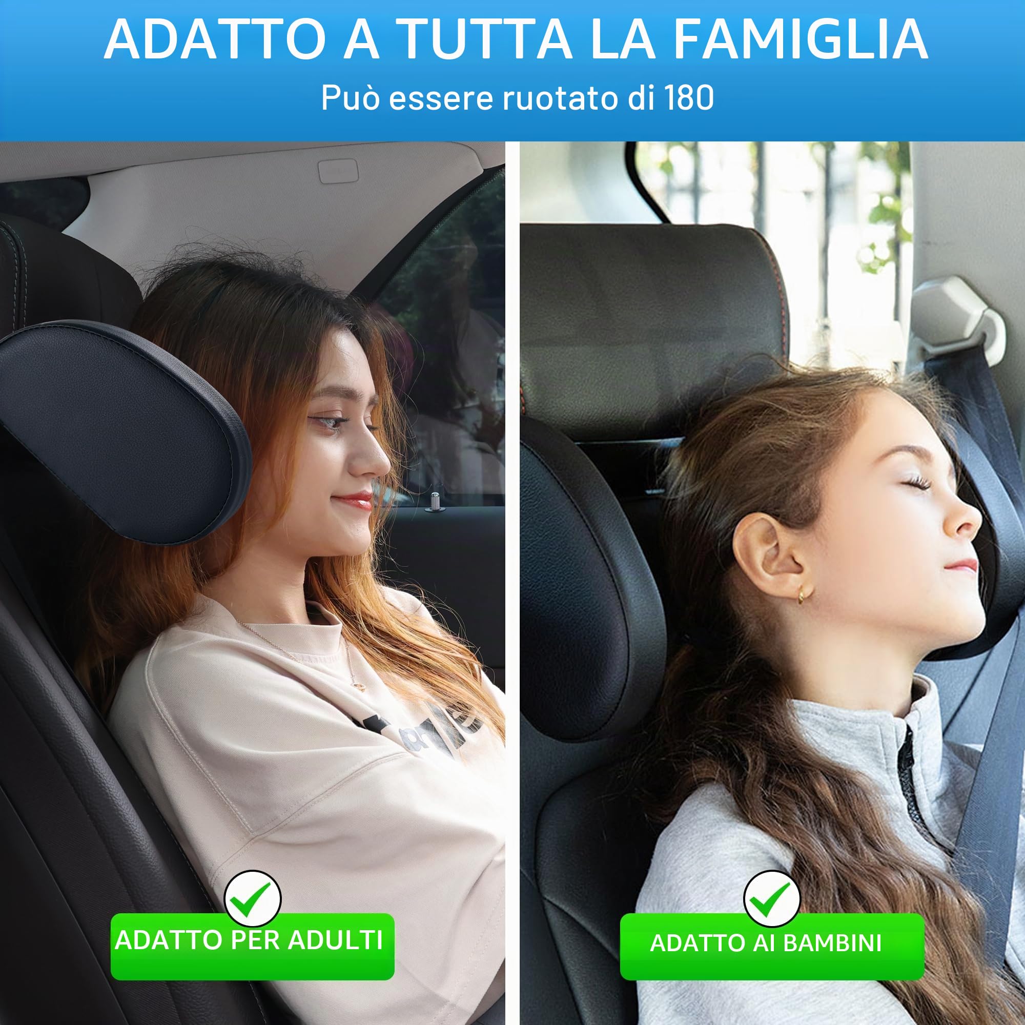 Confezione da 2 poggiatesta per auto per bambini, in pelle traspirante, regolabile a 180 gradi, per il collo, per bambini, adatti per adulti e bambini, per dormire in viaggio (confezione da 2 pezzi)