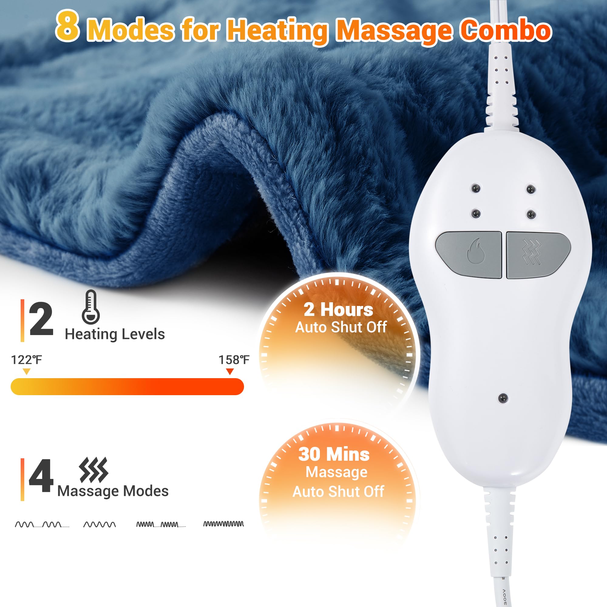 Almohadilla térmica de masaje para cuello, hombros y espalda, almohadilla térmica eléctrica grande de 24 x 35 pulgadas para aliviar el dolor de espalda con 3 niveles de calor, 4 ajustes de masaje