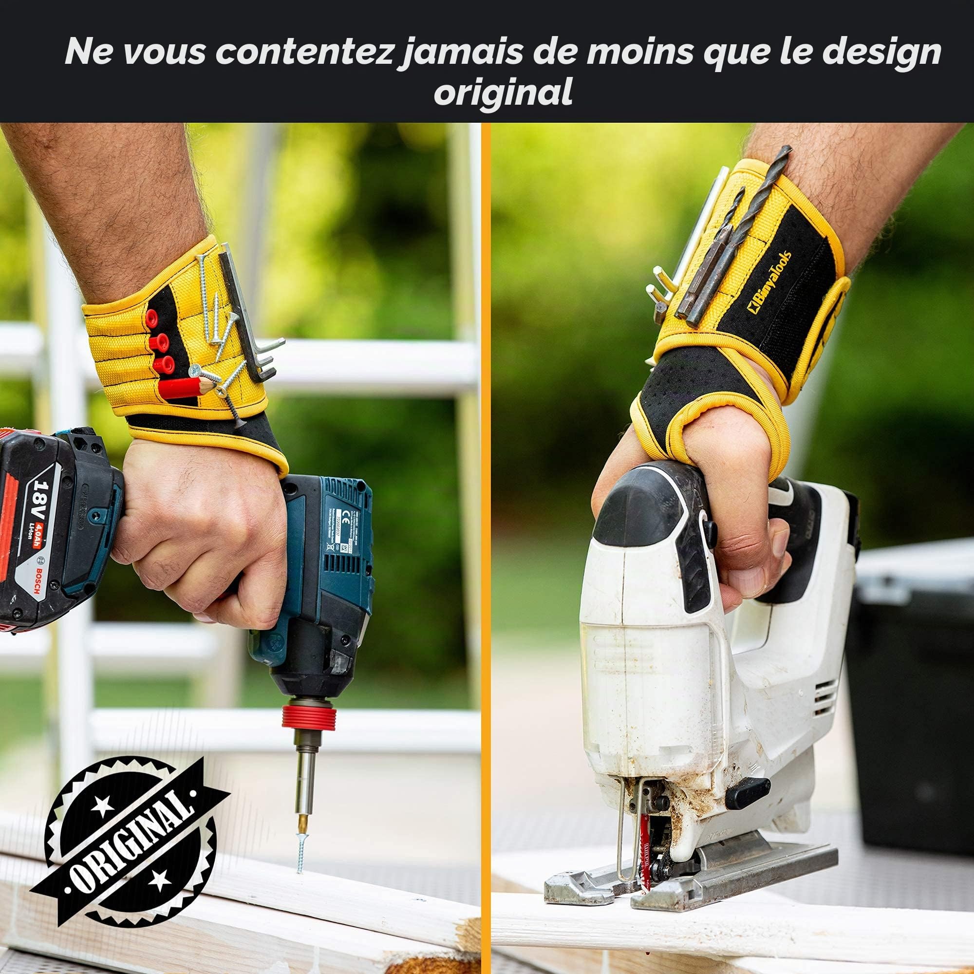 BINYATOOLS Bracelet magnétique avec aimants super puissants pour vis, clous et forets. Support de poignet au design unique pour père, petit ami, bricoleur, électricien, entrepreneur