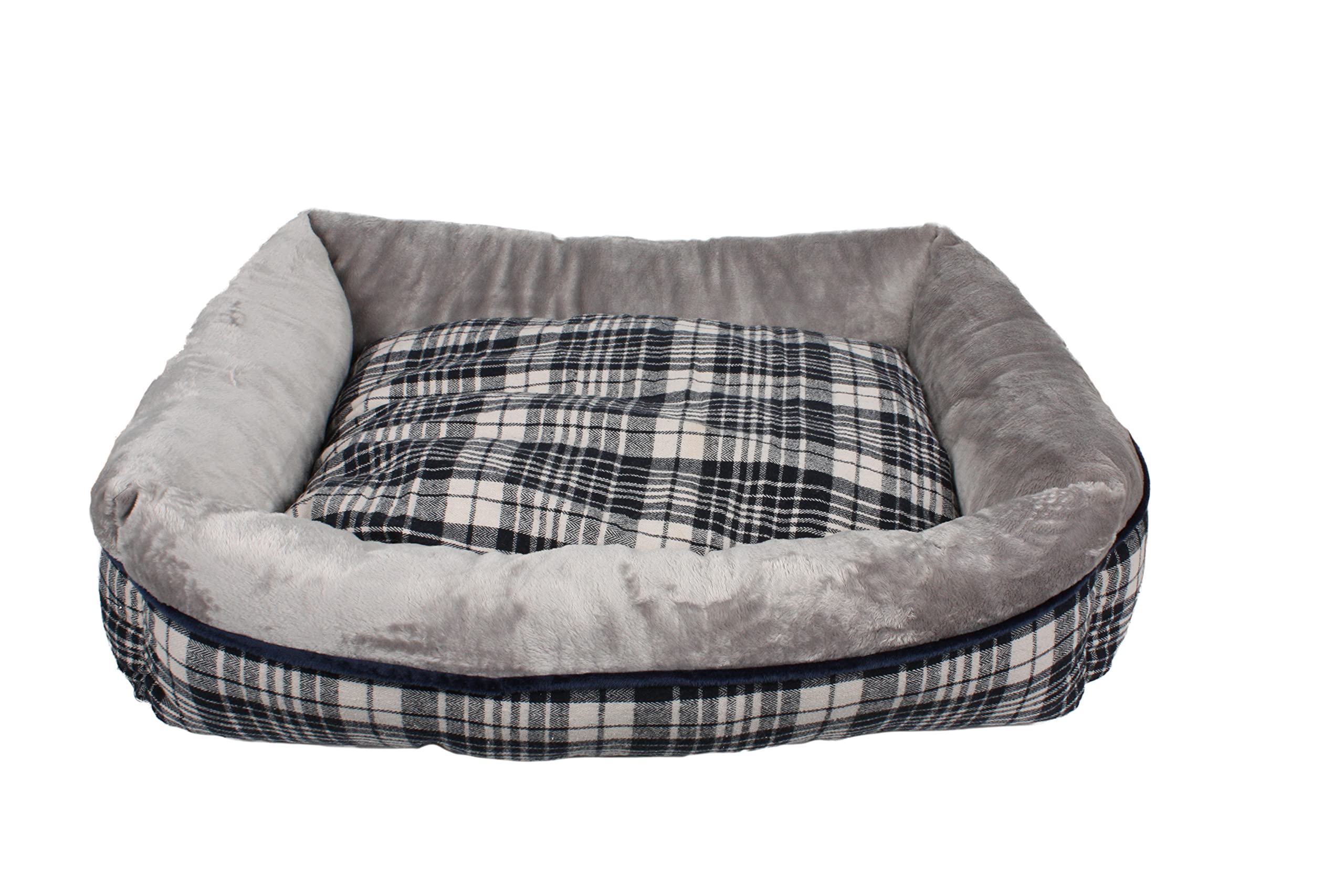 Pet Dog Sofa Bed, Grey Tartan Check Sofa Dog with Reversible Inner Cushion - 50x40x14cm