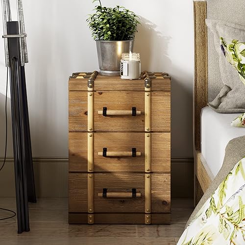 COZAYH Mesita de noche vintage de mediados de siglo con 3 cajones mesa auxiliar de madera maciza envejecida para sala de estar dormitorio totalmente