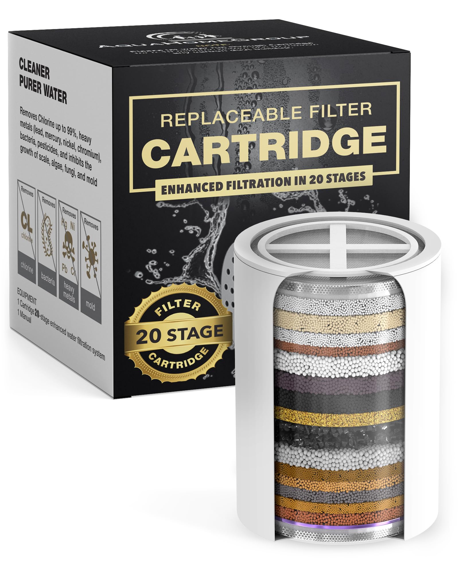 AquaHomeGroup 20 Stage Shower Filter Replacement Cartridge - Reduces Chlorine, Heavy Metals and Sediment - No Housing - Fits 15 and 20 Stage Filters