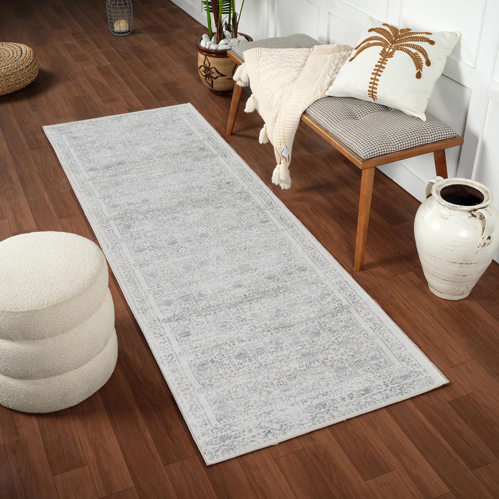 Livabliss Vicky Marrakech Vintage Carpet Runner 80x220 cm, Scandi Neutral Traditional Boho Design for Hallway & Living Room, Easy Care Pile, Grey Cream