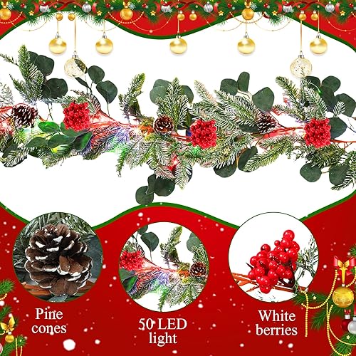 Miniatura 3 de Hotop Guirnalda de Navidad de 6.3 pies con 50 luces LED de colores, guirnalda de pino nevado artificial con piñas de pino y bayas para Navidad,