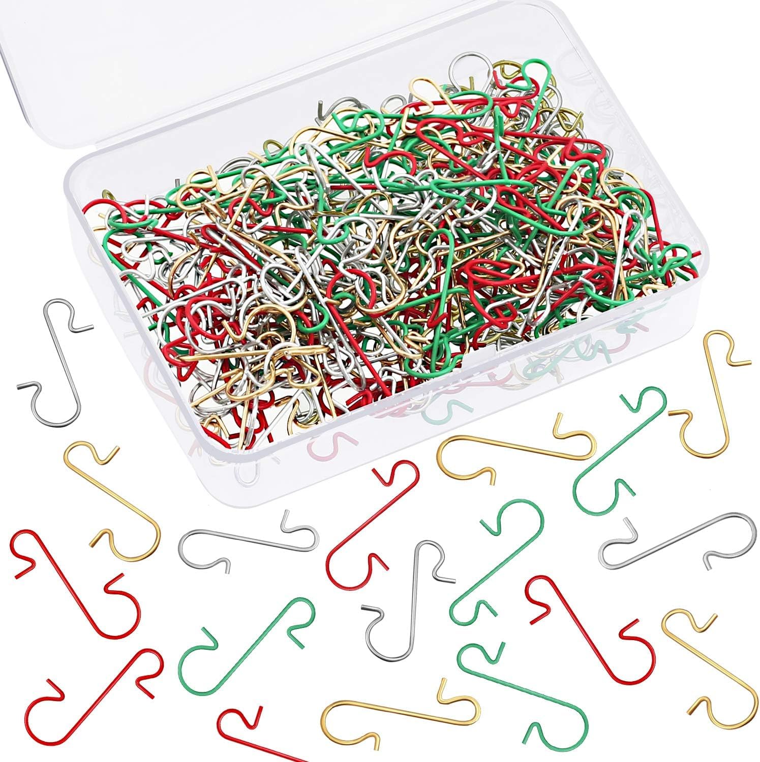 Xmas Ornament Hooks Metal Wire Hooks Ornament Hangers with Storage Box for Christmas Tree Decoration (Gold, Silver, Red and Green)