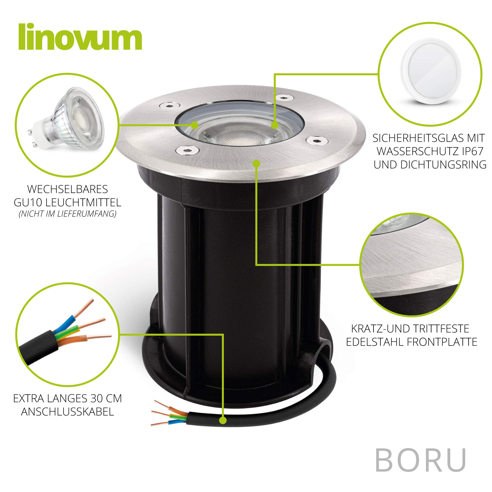 linovum BORU Argento Tondo - 4 Faretti Incasso GU10 IP67 Esterno 230V | segnapasso carrabile, per lampadine GU10 comuni e smart, scatola da incasso inclusa, senza lampadina, per giardino e terrazza
