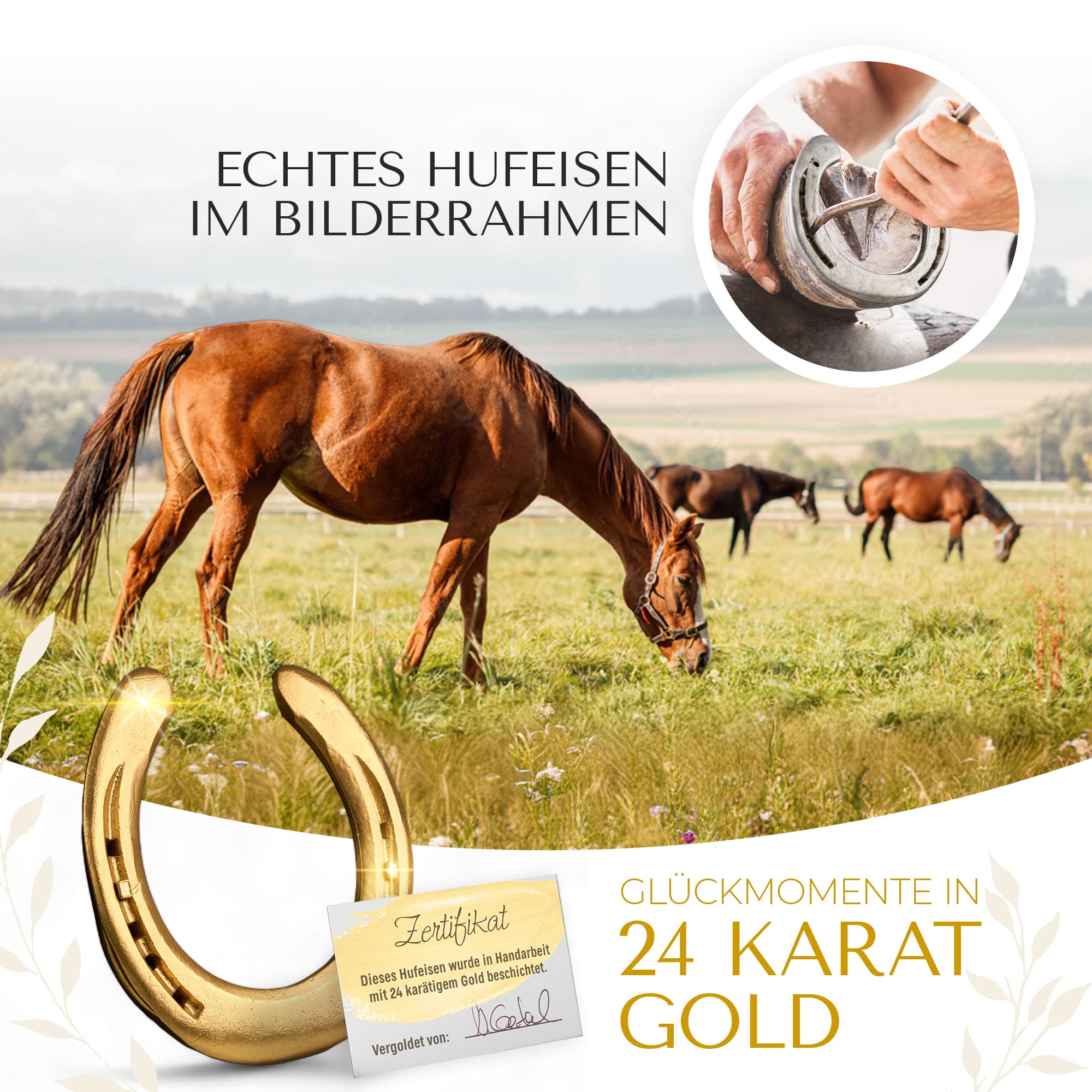 Hochzeitsgeschenk | Hufeisen im Bilderrahmen | Glückshufeisen mit Personalisierung | Personalisiertes Geschenk zur Hochzeit | Persönliches Geschenk Brautpaar | Geschenk Namen (Vergoldet/Weiß)