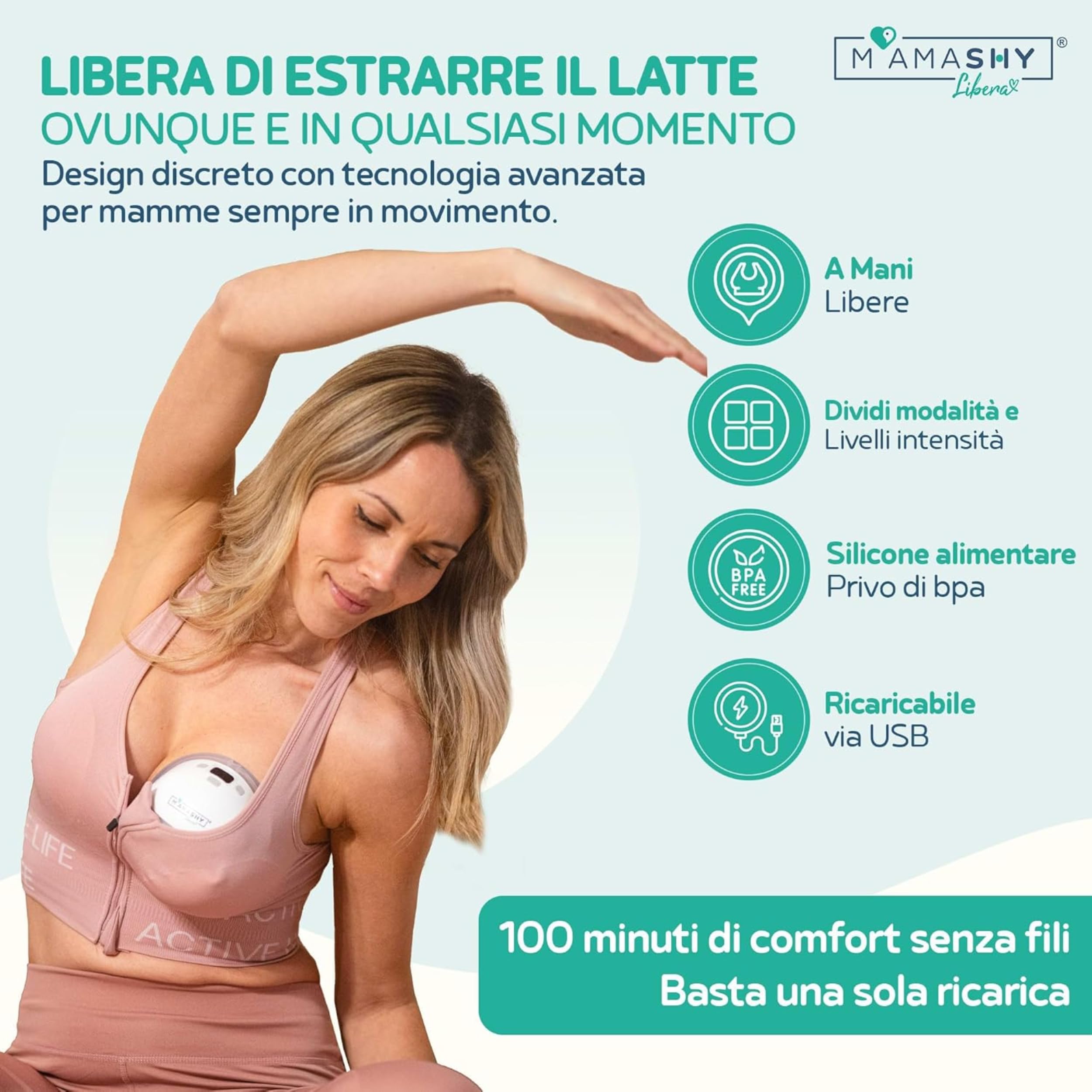 MAMASHY LIBERA - Tiralatte Elettrico Per Allattamento Indossabile | Portatile, Silenzioso, 6 Taglie, Ricaricabile USB‑C, 5 Adattatori Silicone BPA‑Free