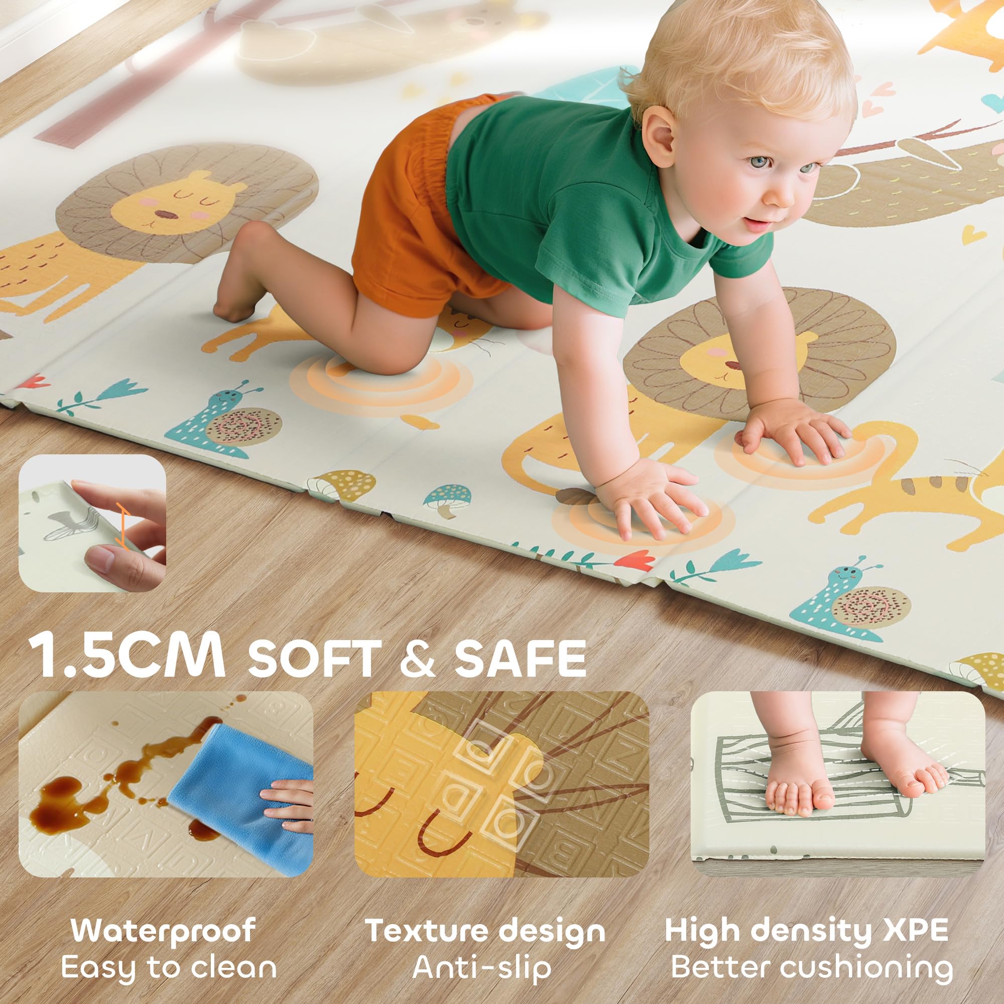 AIYAPLAY Baby-Spielmatte faltbar 177 x 146 x 1,5 cm Tiermotiv | Doppelseitig, wendbare Spielmatte, wasserdichte Schaumstoff-Krabbelmatte, für Innen & Außen Picknick