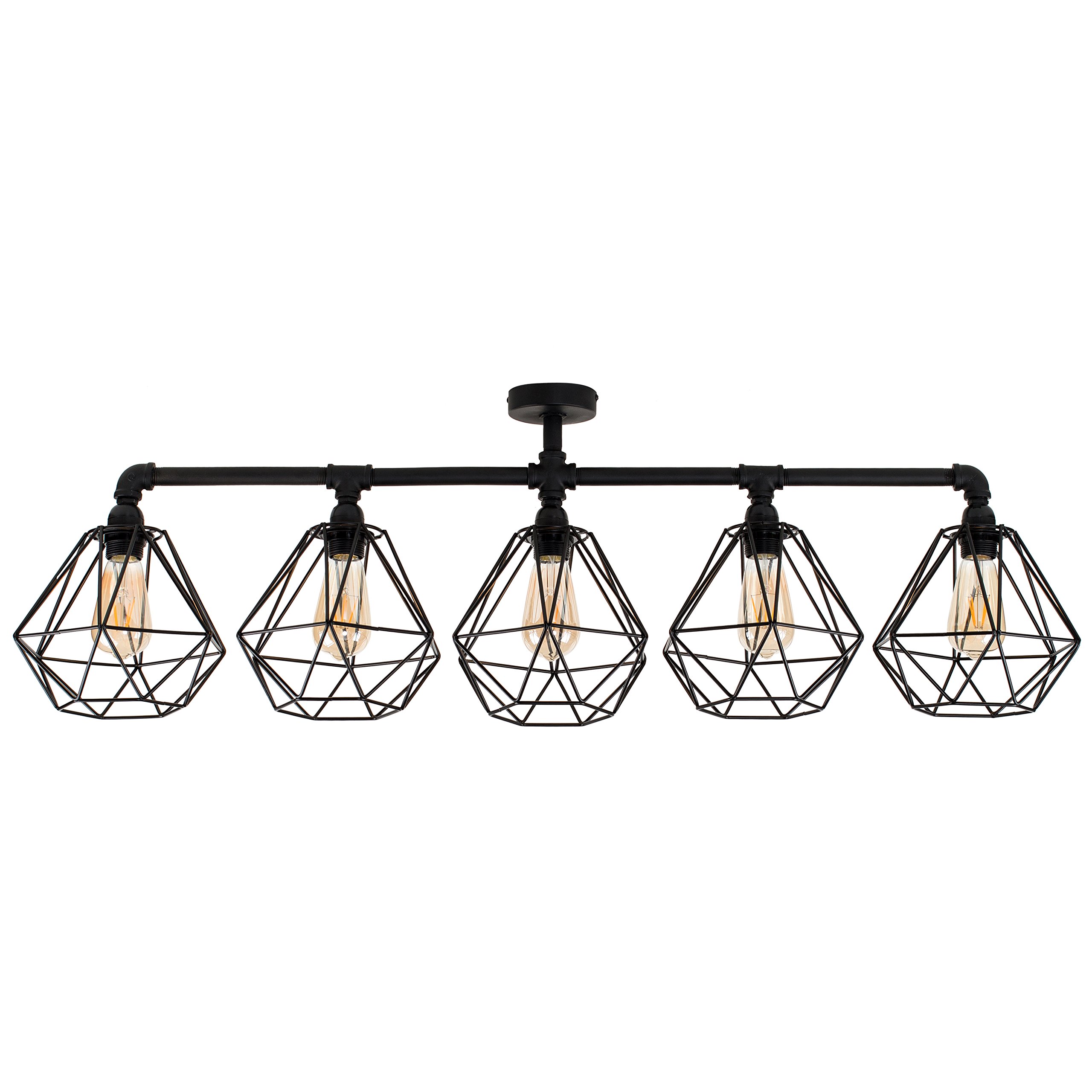 MiniSun | Industrial Steampunk Style 5 Way Satin Black Pipework Bar Ceiling Light with Black Basket Cage Shades | Pendant Lights, Home Décor & Improvement Essential | Mains Wired
