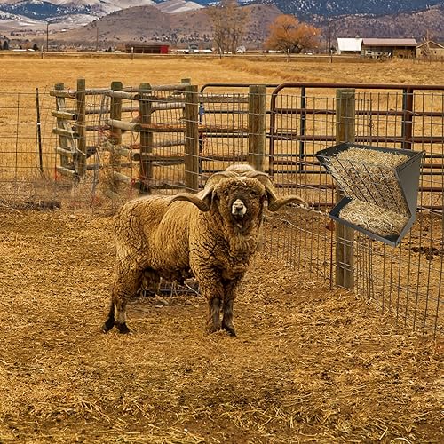 Miniatura 8 de Estante de heno para montaje en pared, de metal galvanizado resistente 2 en 1, alimentador de heno y granos, comedero para ganado con distancia