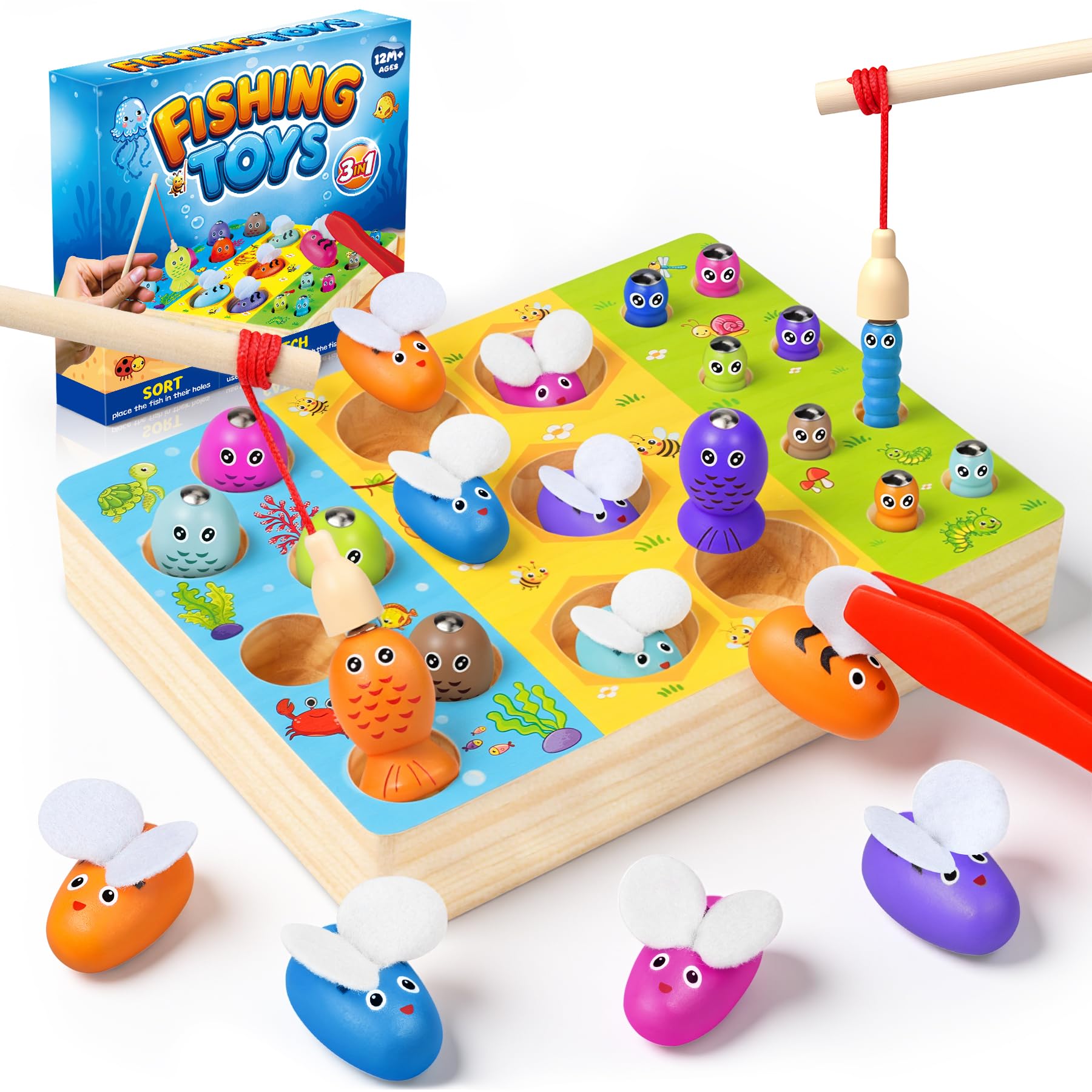 COOLJOY Spielzeug ab 2 Jahre, 3 in 1 Magnetische Angelspiel Motorikspielzeug, Spiele ab 2 3 Jahre, Montessori Spielzeug ab 2 3 Jahre, Holzspielzeug, Geschenke für Mädchen Junge,Ostern Geschenke Kinder