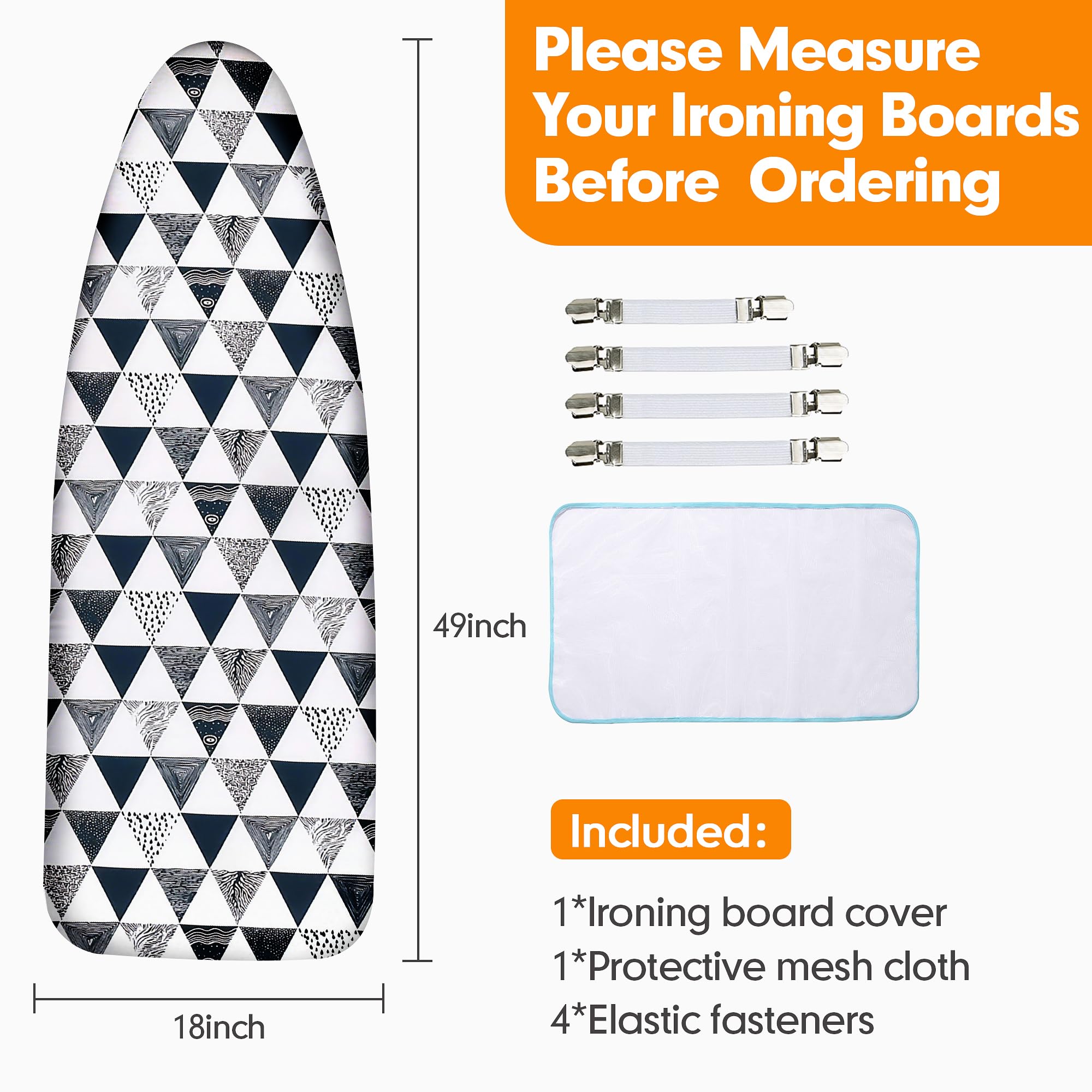 Funda y almohadilla para tabla de planchar, acolchado grueso, resistente a quemaduras y manchas, muy resistente, cierres ajustables y borde elástico, tamaño extraancho, 46 x 124 cm, gris geométrico