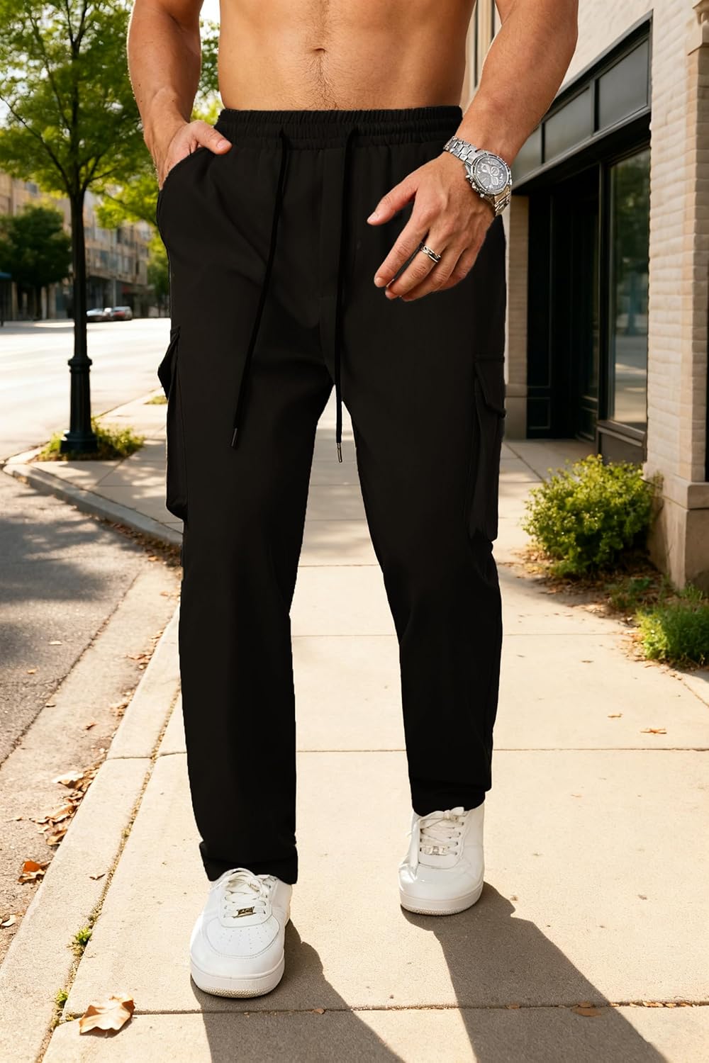 Men's Lightweight Cargo Pants Elastic Drawstring Casual Relaxed Fit Tapered Pants Multi Pockets S-3XL - Image 5