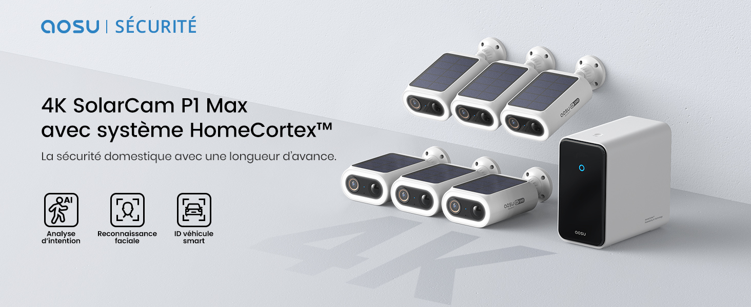 Kit De Sécurité Extérieur AOSU 4K Solaire - 4 Caméras IA Avec Reconnaissance Faciale, Stockage Local 32Go, IP65 - 9