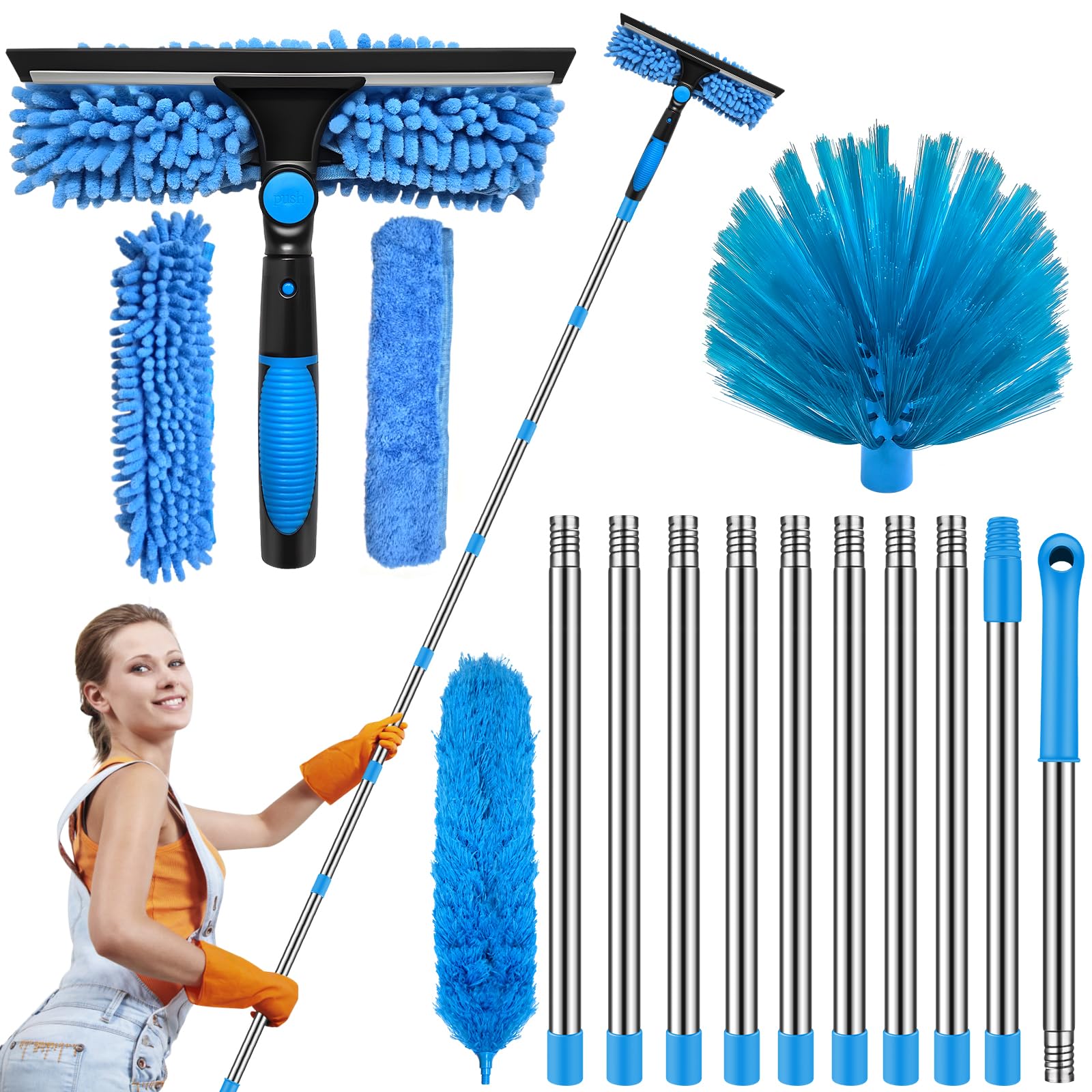 14.8FT(4.5m) Window Cleaning Equipment, 4 in1 Extendable Telescopic Long Window Cleaner Pole with Silicone Squeegee windows Glass Cleaning Tool Kit Detachable Handled for Shower Glass,Car