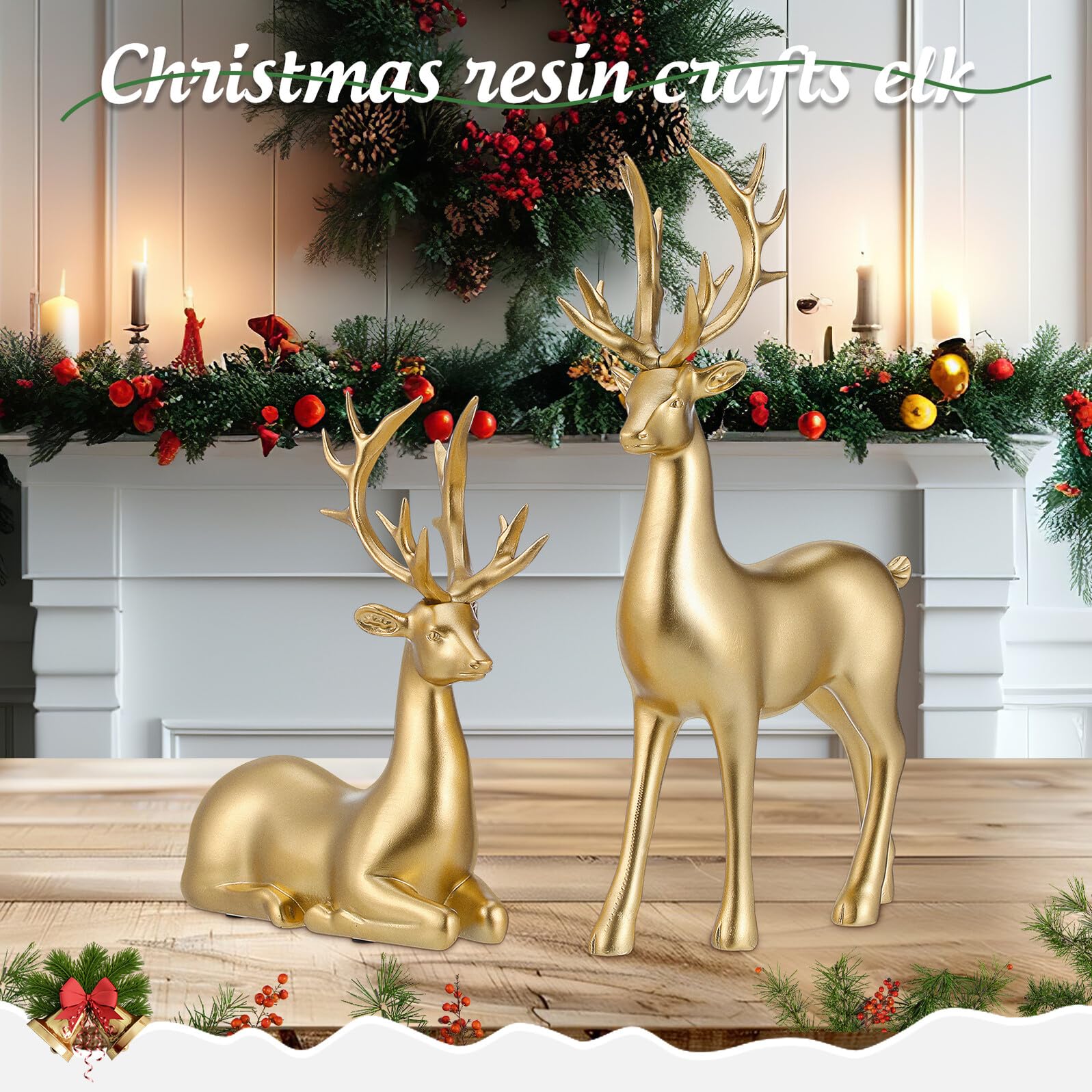 ULTECHNOVO Statua di Cervo in Resina 2 Pezzi Decorazione Natalizia da Tavolo per Festa di Natale Scultura Artigianale Piccola e Decorativa per Camera dei