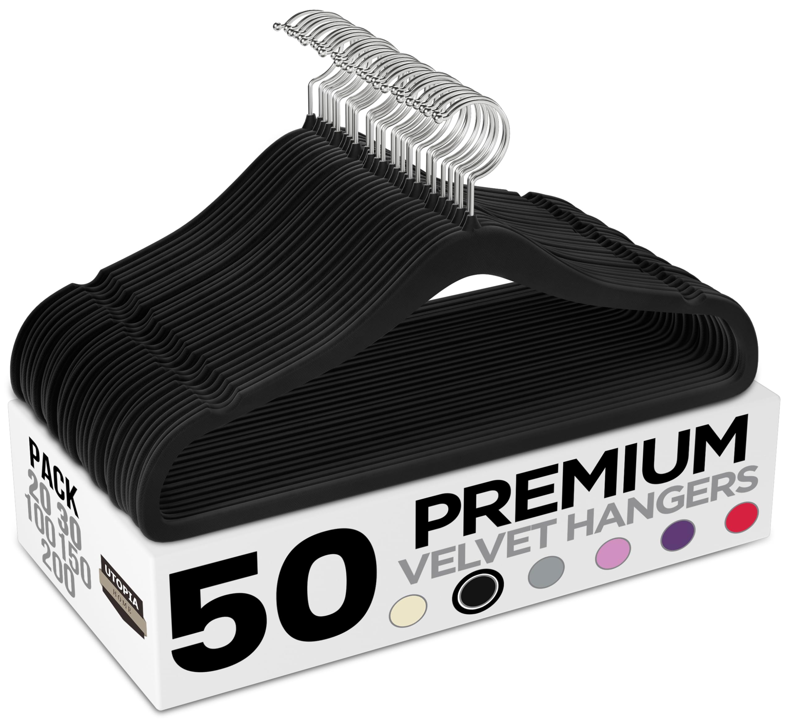 Utopia Home Pack of 50 Velvet Suit Hangers - Heavy Duty Non-Slip Premium Hangers for Adult Clothes - 360 Degree Swivel Hook, Black