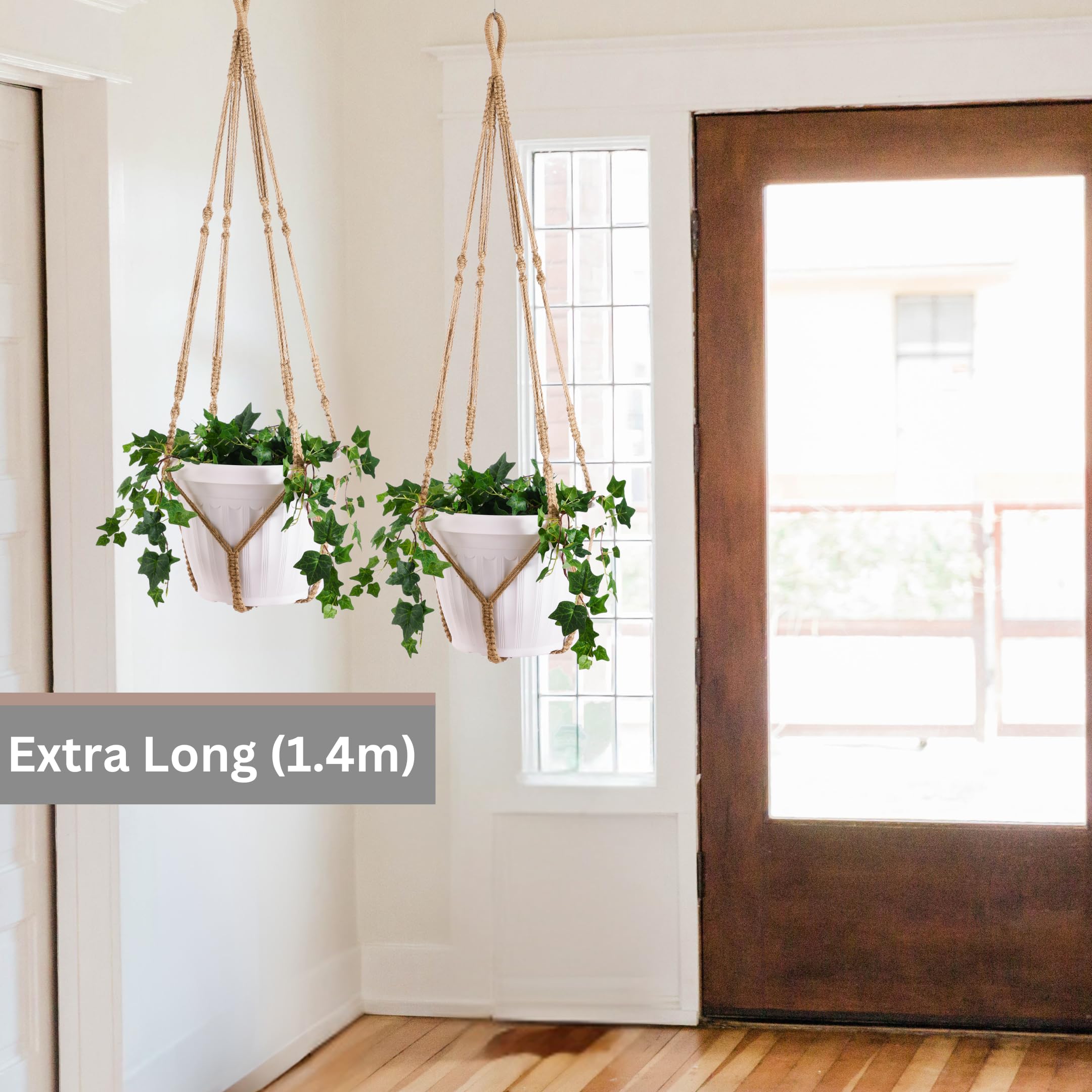 Lot de 2 suspensions géantes XXL de 140 cm en macramé pour pot de 38,1 cm + crochet pour plantes d'intérieur | Pot/plante non inclus (jute XXL)