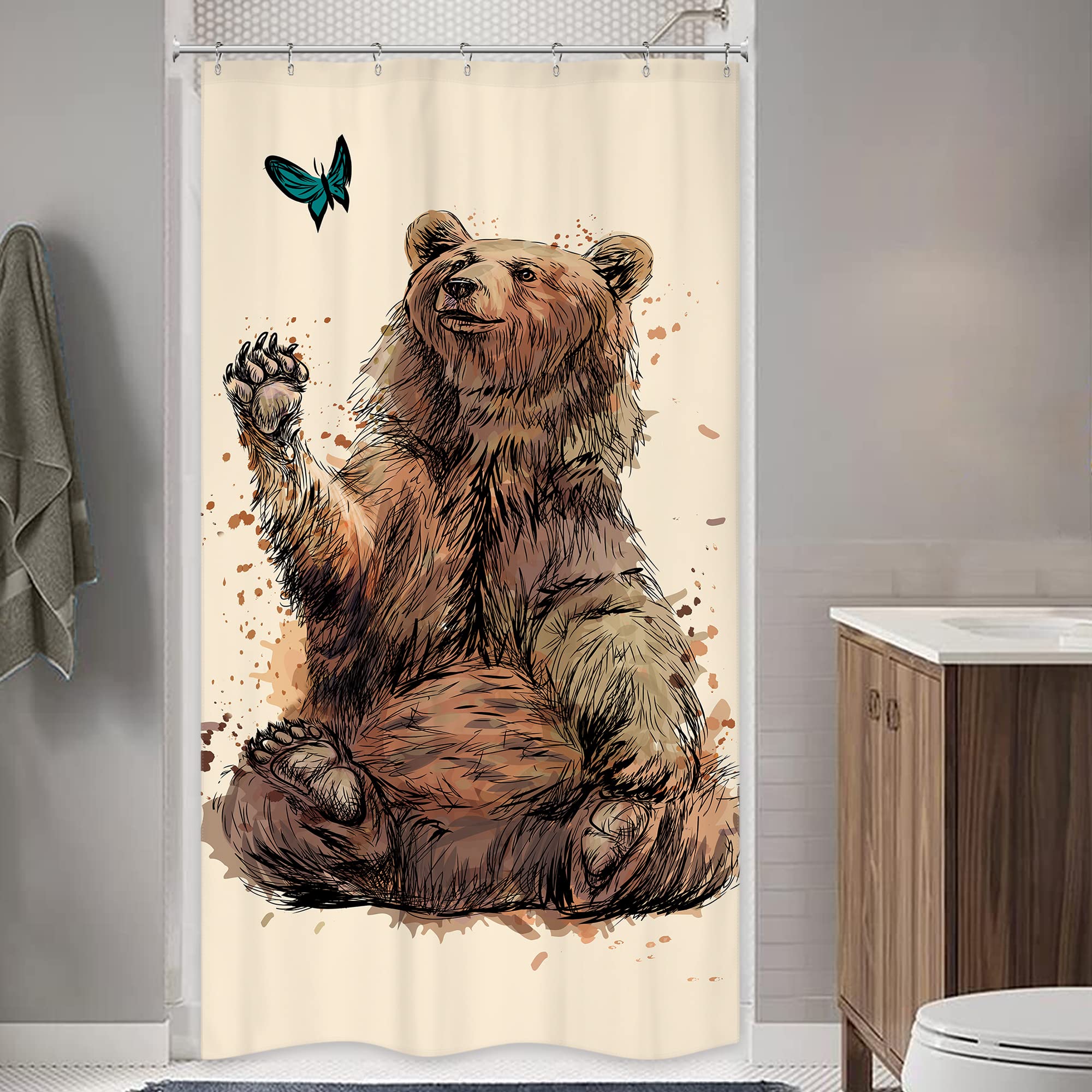 Riyidecor Bear Small Stall Shower Curtain for Bathroom Decor 36Wx72H Funny RV Beige Animal Narrow Half Single Walkin Kid Standing Boy Retro Art Printed Fabric Polyester Waterproof 7 Pack Plastic Hooks