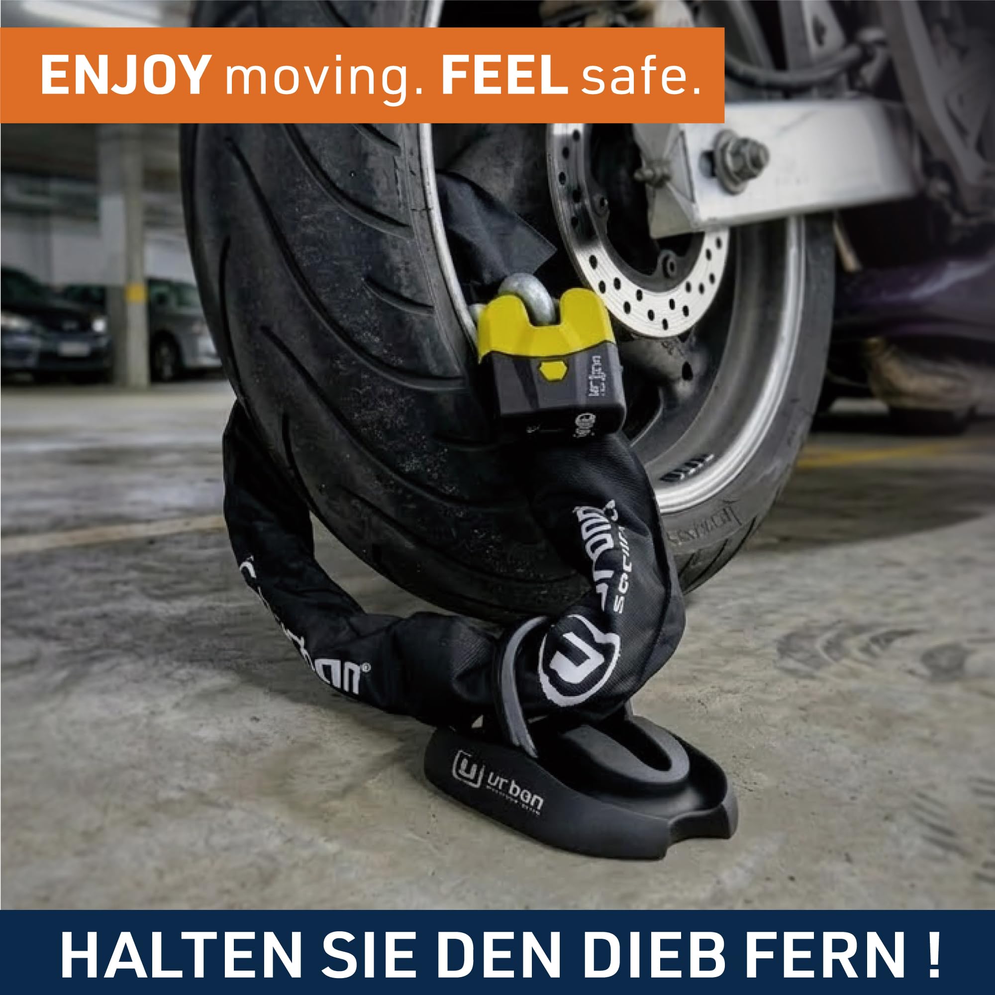 URBAN U8K120 Kettenschloss Motorrad Motorradschloss Vorhängeschloss und Kette, Sicherheit 20/20 mit Zulassung SRA, Gehärteter Stahl, Glieder 15mm Durchmesser, Sicherheitsschloss Motorrad, 120cm