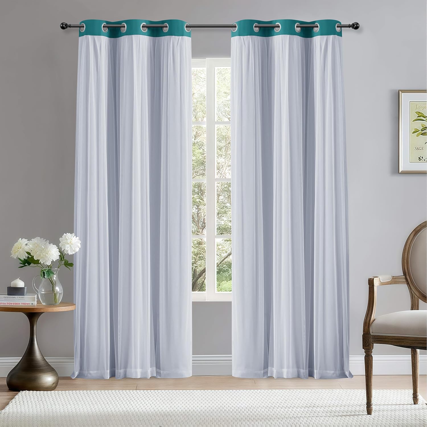 BONZER Blackout Curtains with Sheer Overlay, Mix and Match Double Layer Thermal Insulated Window Panels for Living Room Girls Bedroom, 2 Drapes with Tiebacks Grommet Top, Turquoise, 38x84 Inch