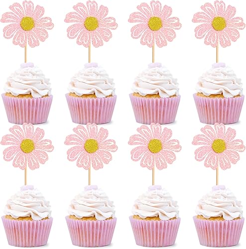 Ercadio Paquete de 24 adornos para cupcakes de margaritas rosadas, flores de margaritas rosadas, decoraciones de pasteles para temática de