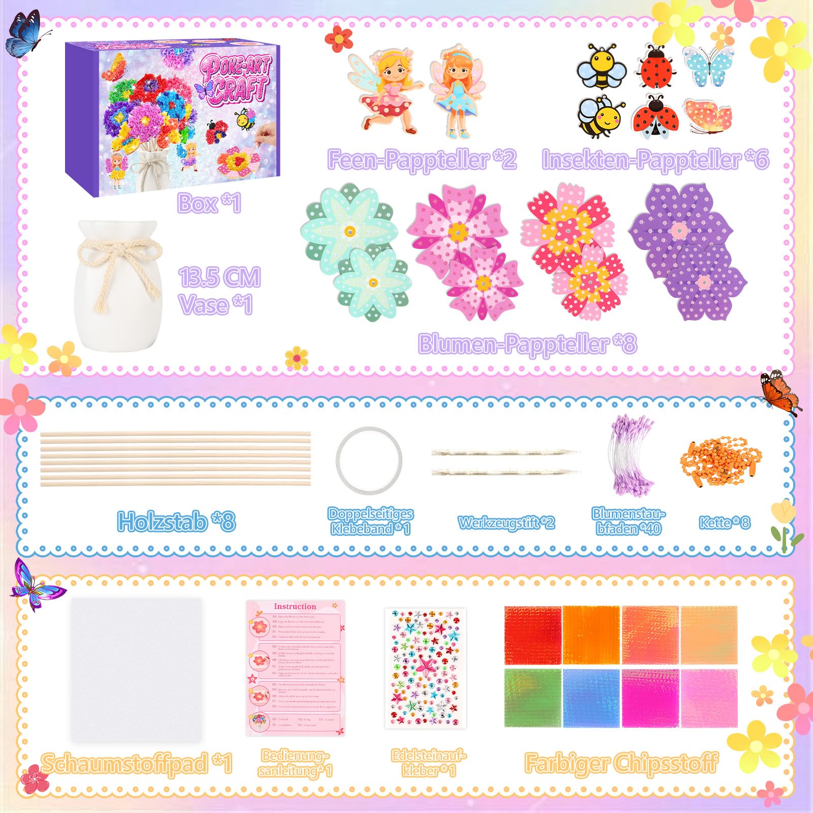 Aragallant 16Pezzi Kit Lavoretti Creativi Per Bambini - Con Vaso & 8 Fiori & 2 Farfalle & 2 Elfi & 2 api & 2 Insetti, Fiori Fai Da Te per Bambine 4 5 6 7 8 Anni, Regali per Bambini e Bambine per Comp