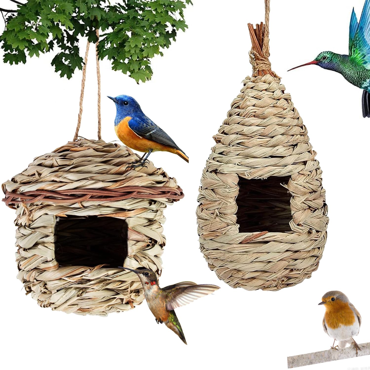 2 Pezzi Nido Uccello Erba Casetta, Casa Degli Uccelli di Paglia, Nido per Uccelli Selvatici All'aperto, Casetta Uccellini da Esterno per Uccellini Come Colibrì, Merli, Passeri e Cinciarelle