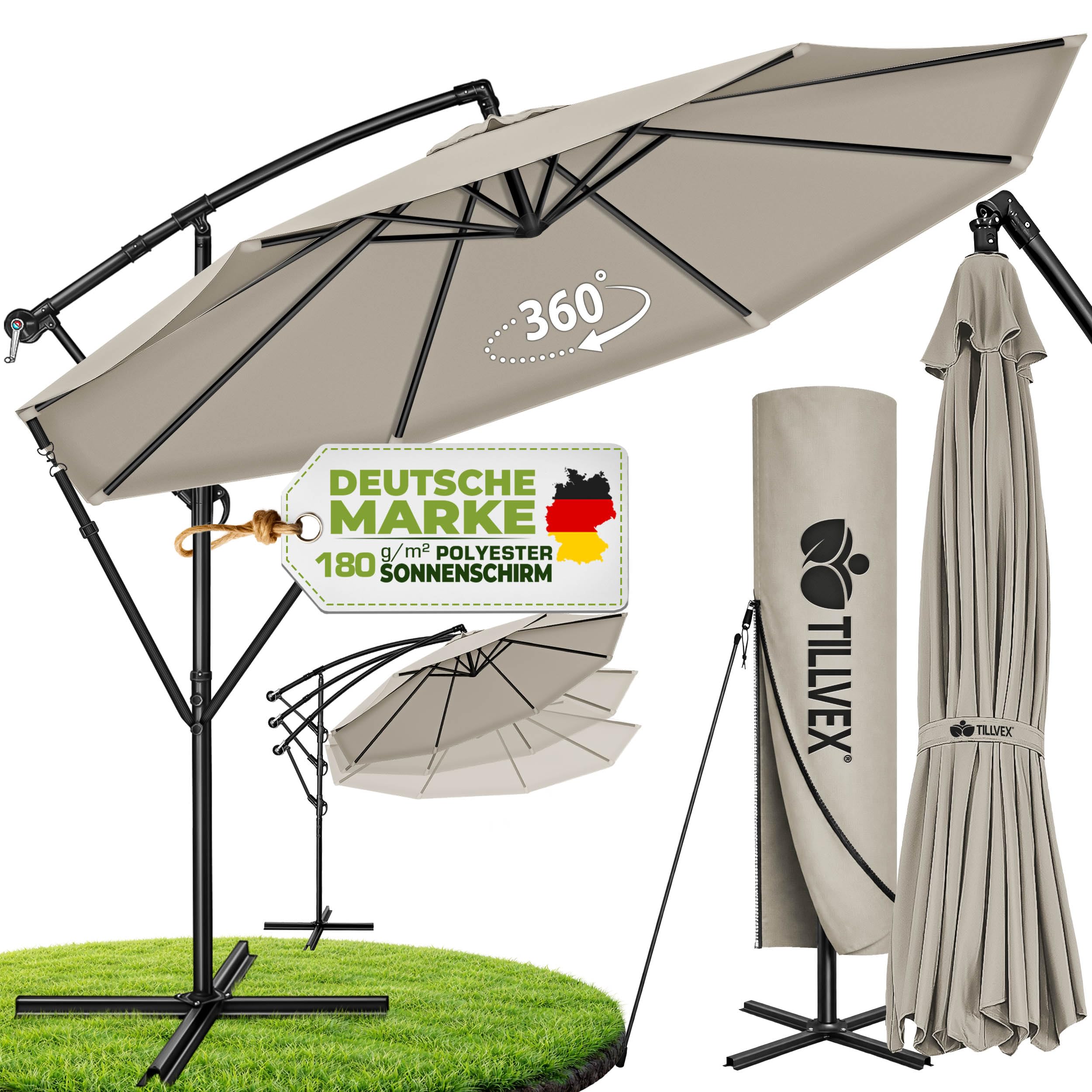 tillvex Alu Sonnenschirm + Abdeckung Ø 300 cm mit Kurbel | Ampelschirm mit Ständer & Windschutz | Gartenschirm UV-Schutz Aluminium | Kurbelschirm wasserdicht 360° drehbar