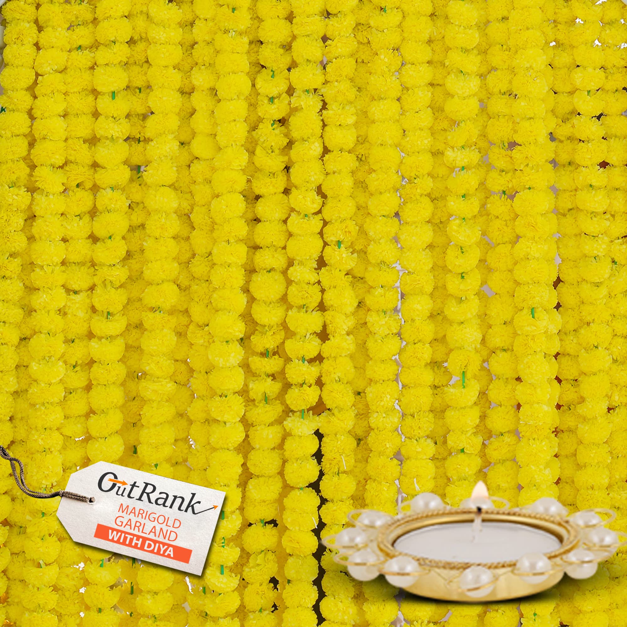 OUTRANK Marigold Artificial Flowers for Decoration Long Garland Perfect for Diwali Decoration Navratri, Pooja, Home Inauguration, Temple, Wedding,5 Feet Long 10 Pcs with 2 Diya (Yellow) (B09JWDMSTW) Amazon Price History, Amazon Price Tracker