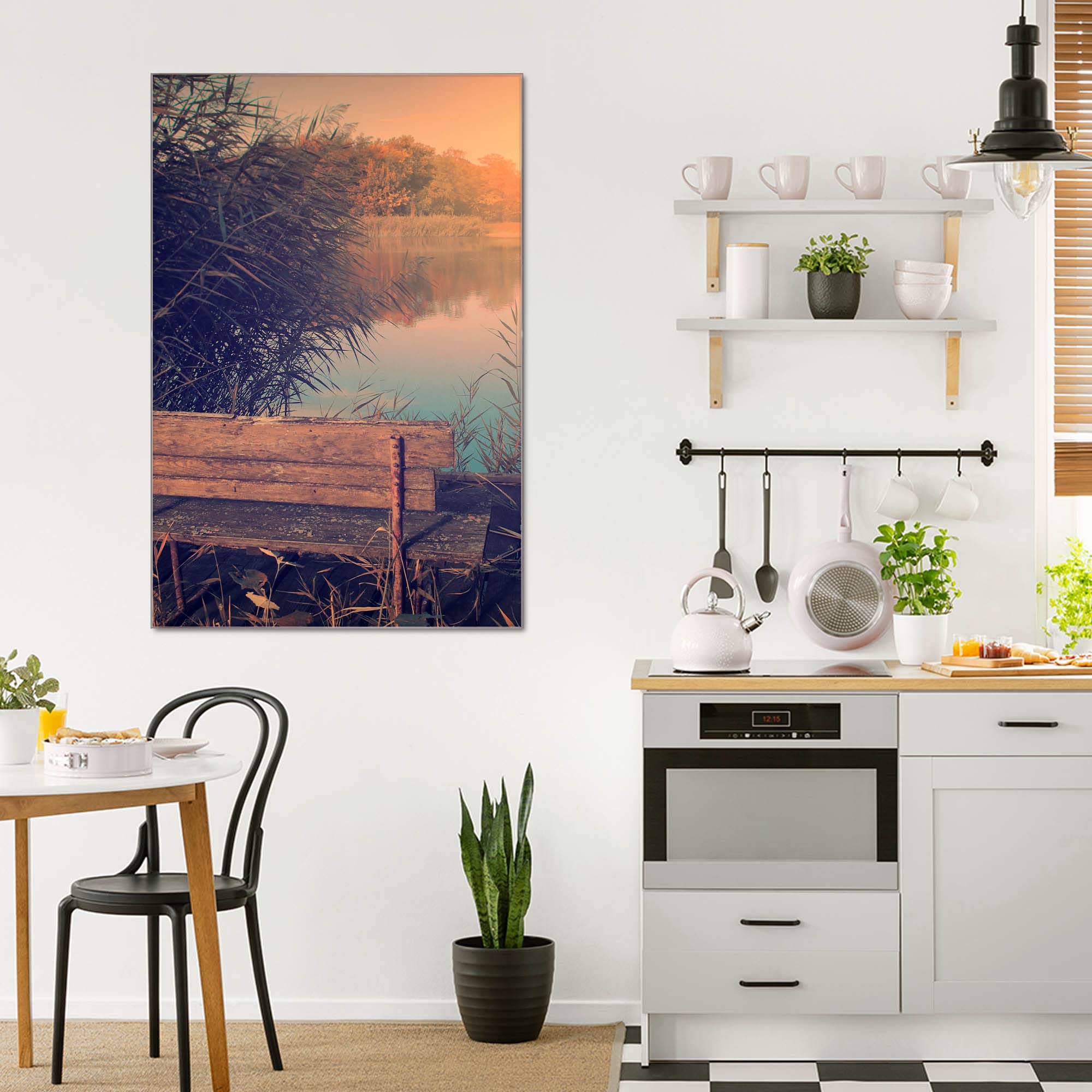 banjado Glas Magnetwand 60x90 mit Waldmotiv für Notizen, beschreibbar | Natürliches Magnetboard für Alltag und Planung, mit Motiv Bank Am See aus Wald und Natur