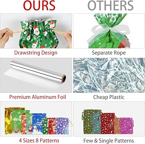 Miniatura 6 de 28 bolsas de regalo con cordón de Navidad, bolsas de regalo de Papá Noel con lazo de cinta, tamaños grandes, medianos y pequeños, y 8 diseños para