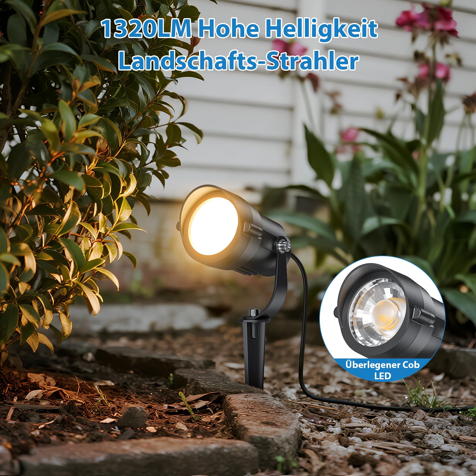 HIBOITEC 12W Gartenbeleuchtung mit 1,5 m Kabel Stecker, 2700K Warmweiß Gartenstrahler mit Strom Wasserdichte Led Außenbeleuchtung Garten, 1320 lm Gartenstrahler für Draußen Haus Hof Terrasse Gehweg