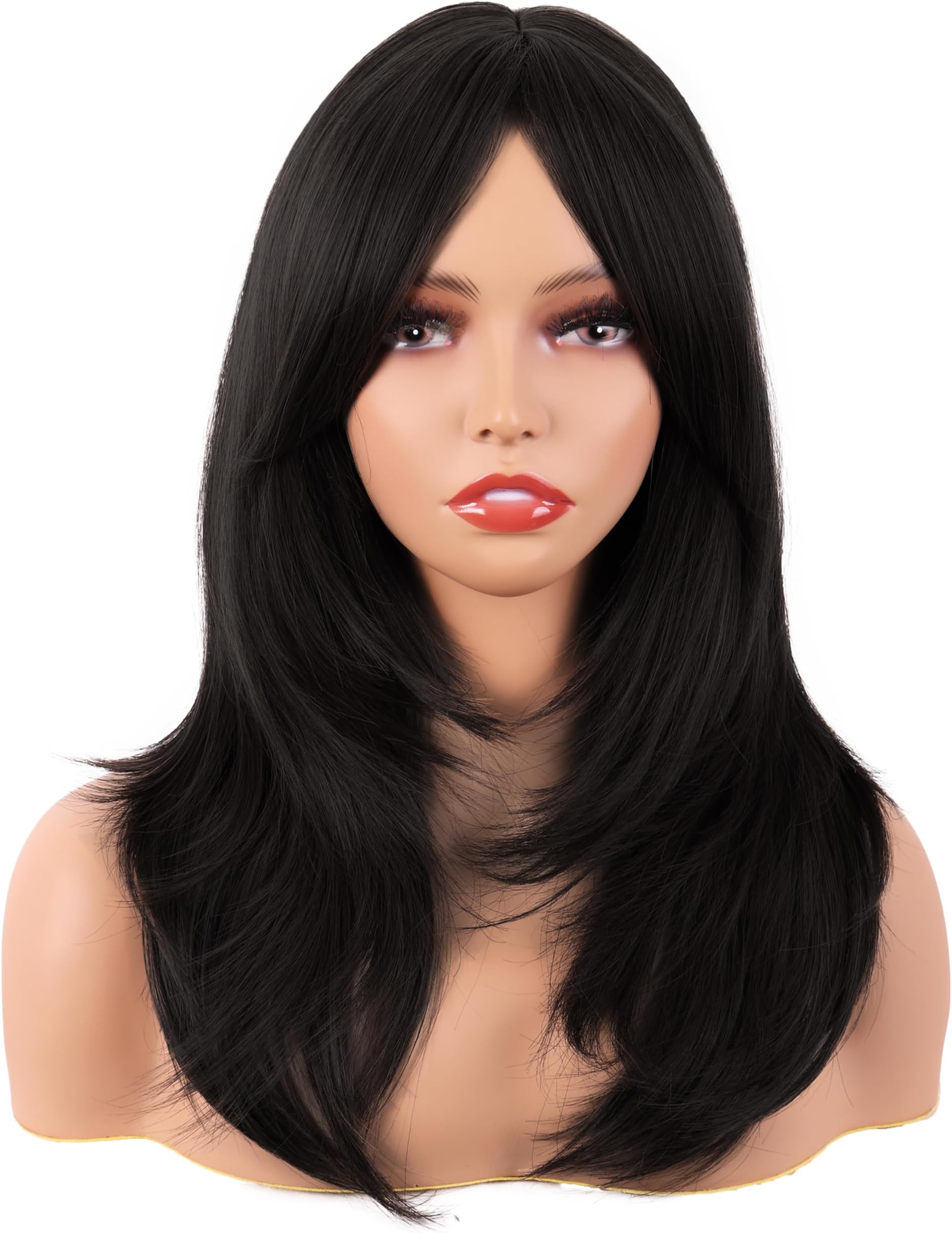 MapofBeauty 20 Inch/50 cm Long Layered With Bangs Straight Synthetic fiber Shoulder Length Hair for Daily Use or Party Wig (Black)