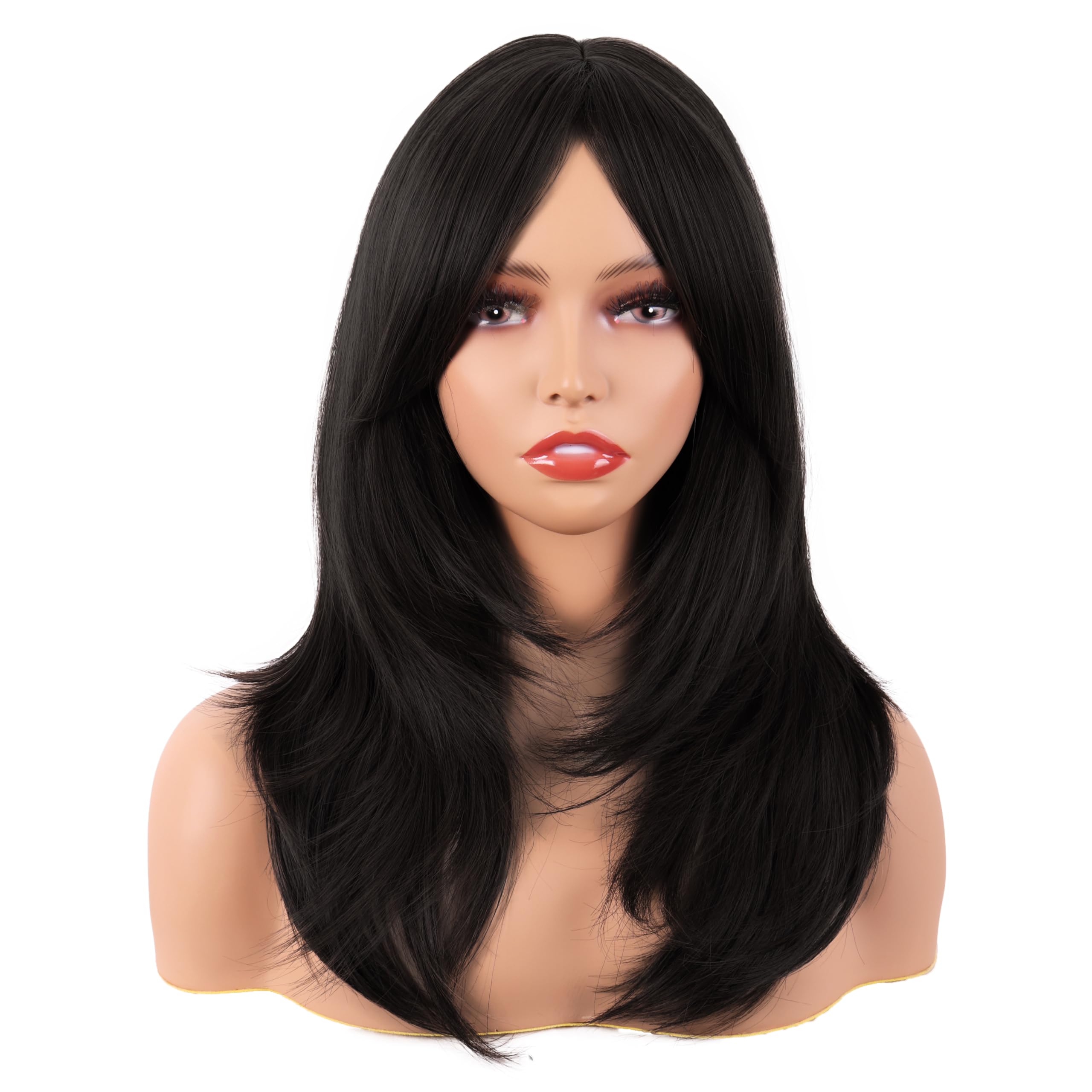 MapofBeauty 20 Inch/50 cm Long Layered With Bangs Straight Synthetic fiber Shoulder Length Hair for Daily Use or Party Wig (Black)