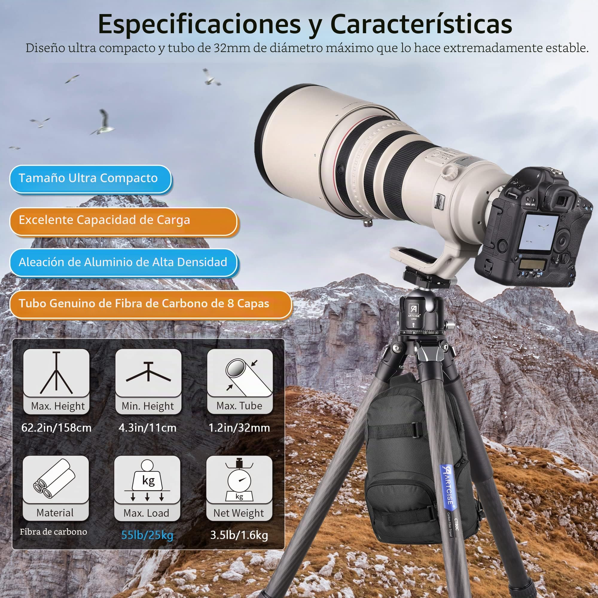 Trípode Compacto de Fibra de Carbono con Bolsa de Piedra ARTCISE CT80C Soporte de cámara de Viaje de Alta Resistencia para videocámara Canon Sony Nikon DSLR, Carga máxima 25 KG