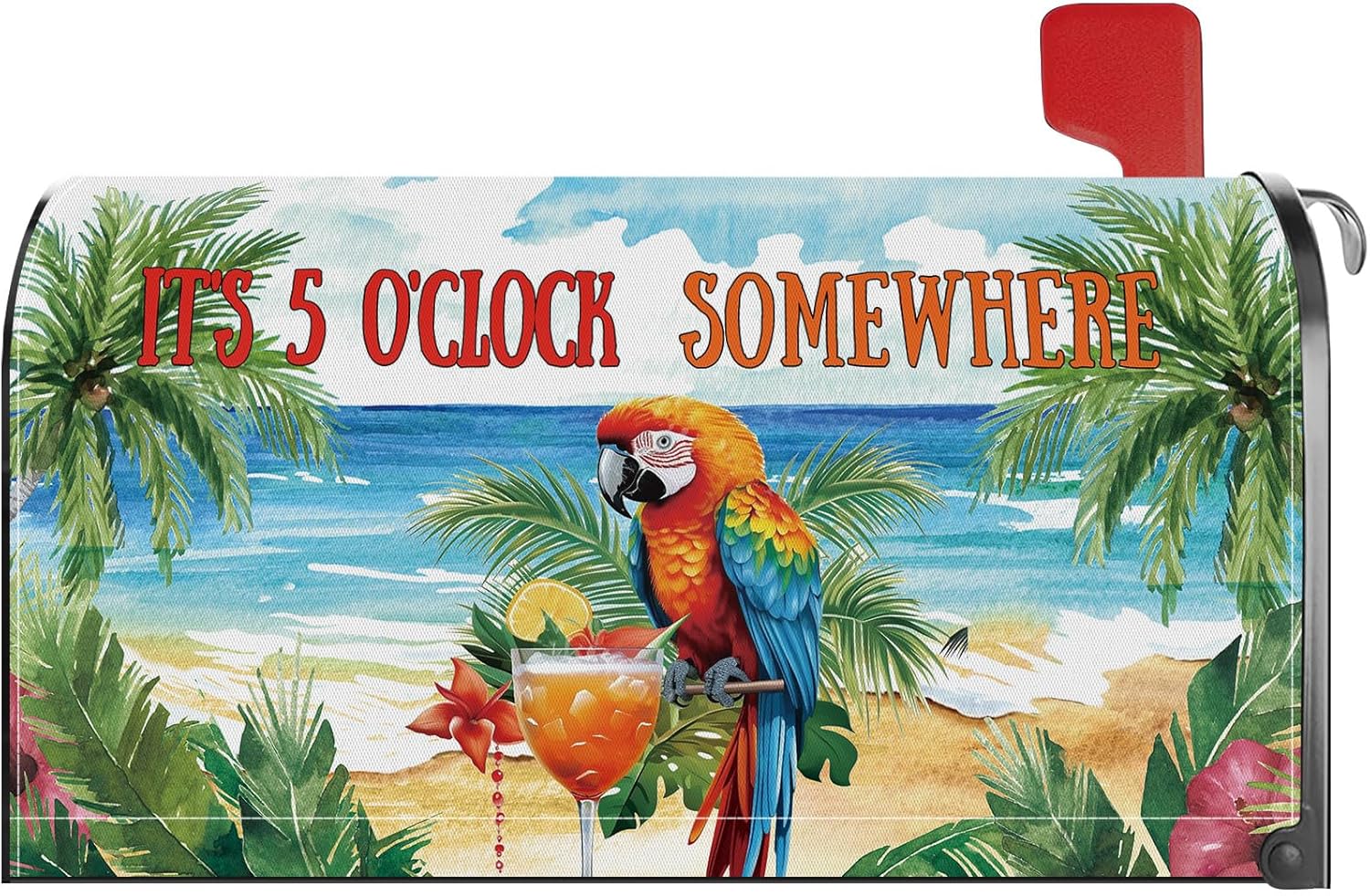 Summer Parrot Bird Mailbox Cover Magnetic Standard Size 21x18 Inch It's 5 O'Clock Somewhere Summer Seasonal Decorative Post Letter Box Wrap Decor Garden Yard Decoration