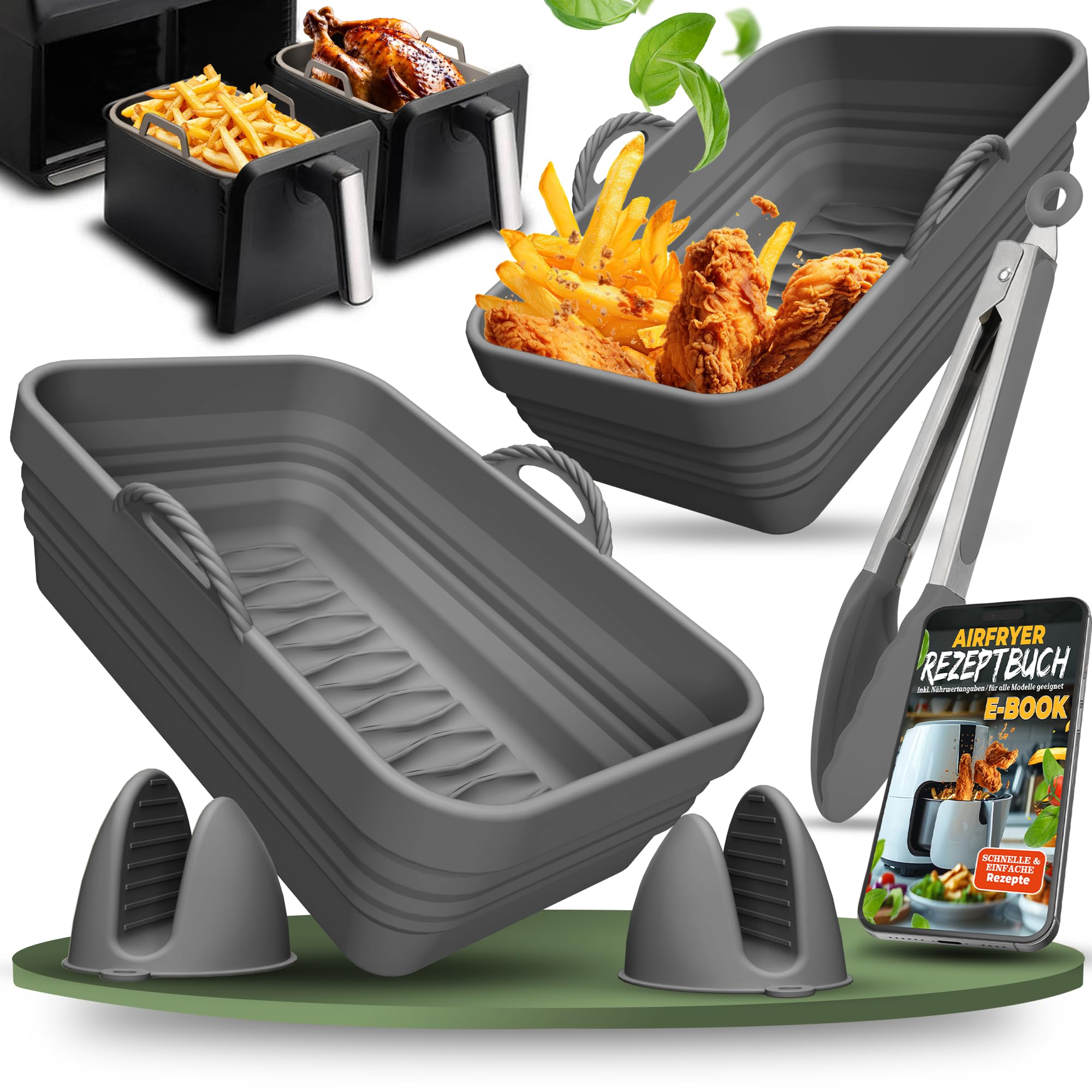 KNUSPERLIEBE® 2x Set Zubehör für Ninja Foodi Max Dual Zone Silikonform Faltbar, Dual Zone Airfryer, Heißluftfritteuse, AF300 AF400 AF451, Silikoneinsatz Air Fryer Accessories, spülmaschinengeeignet
