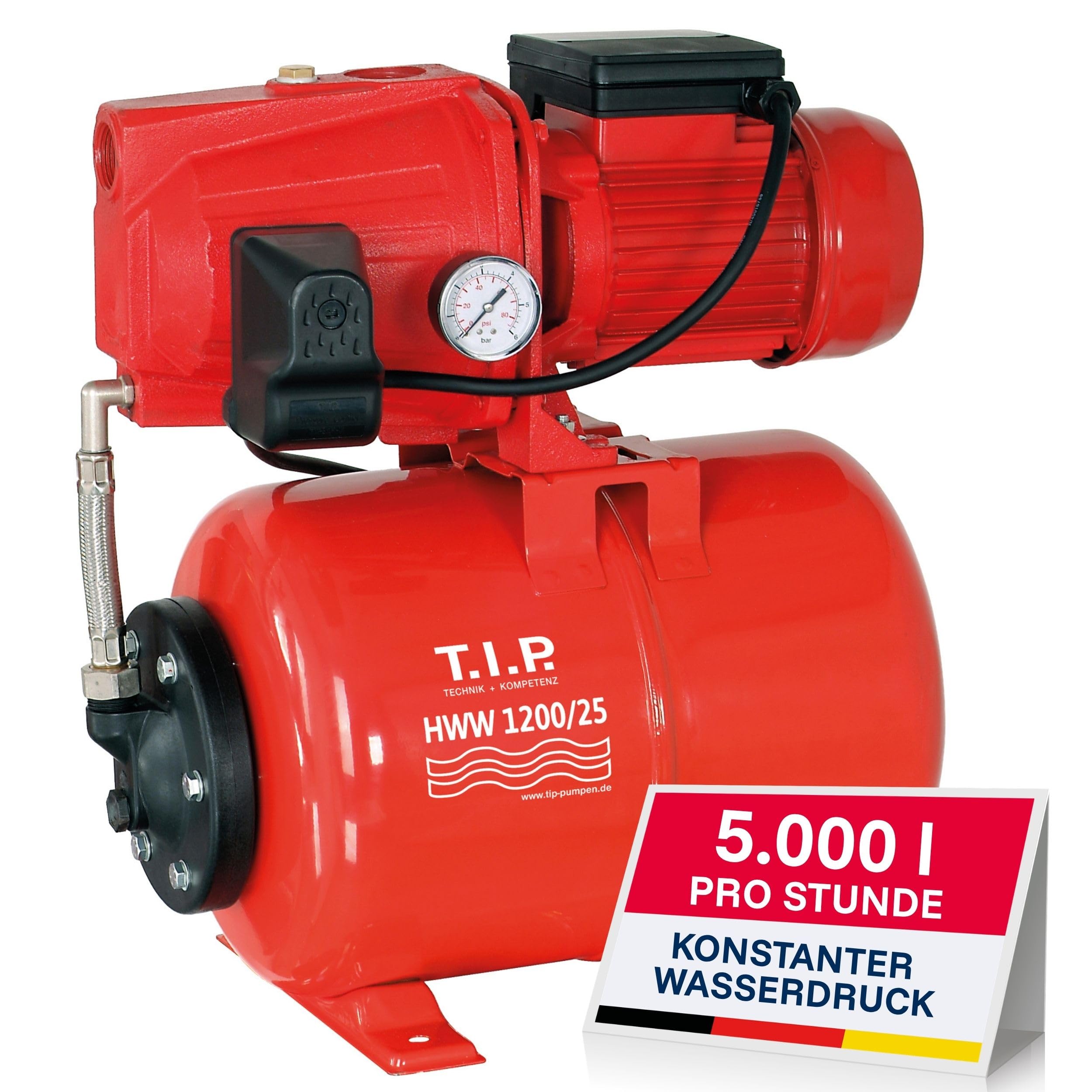 T.I.P. HWW 1200/25 Hauswasserwerk, 5.000 l/h Jetpumpe mit Gusseisengehäuse, 1.200 W, 50 m Förderhöhe & 5,0 bar Druck, Druckschaltung, 22L Kessel, selbstansaugend, effizient, leistungsstark & langlebig