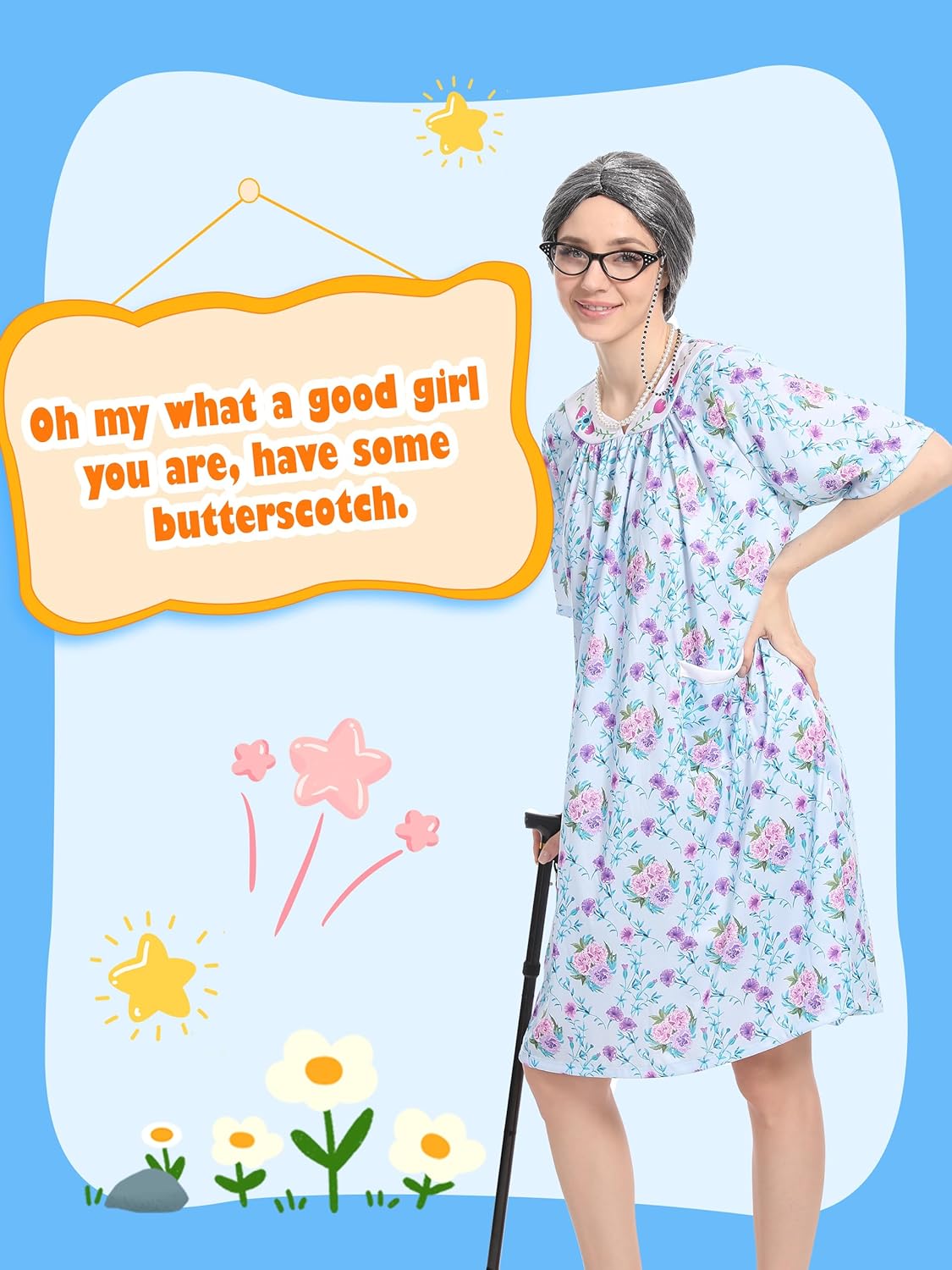 Cupohus Women's Old Lady Wig Costume Set, 100 Days of School Adult Granny Dress Cosplay, 8PCS Set- Grandma Wig and Cap, Retro Glasses with Chain, Faux Pearl Jewelry, Cane, Blue Floral Dress Outfit - Image 2