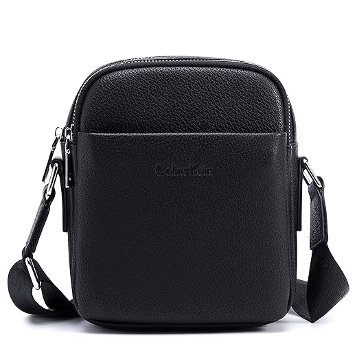 Colins Keirs Leather crossbody bag for men. Man purse with zipper and adjustable shoulder strap. Black Small
